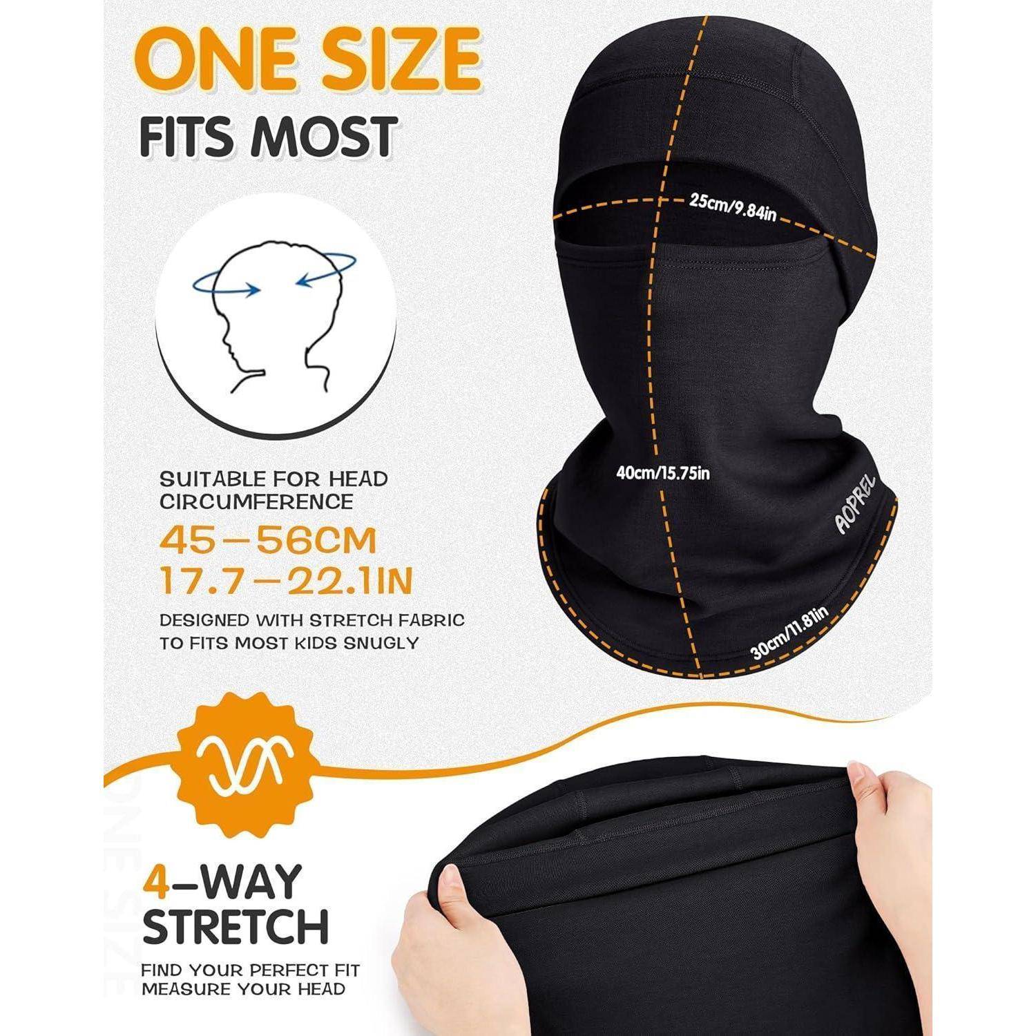 Illustrierte schwarze Stretch-Sturmhaube/Gesichtsmaske mit Größenangaben, gekennzeichnet als „ONE SIZE FITS MOST
