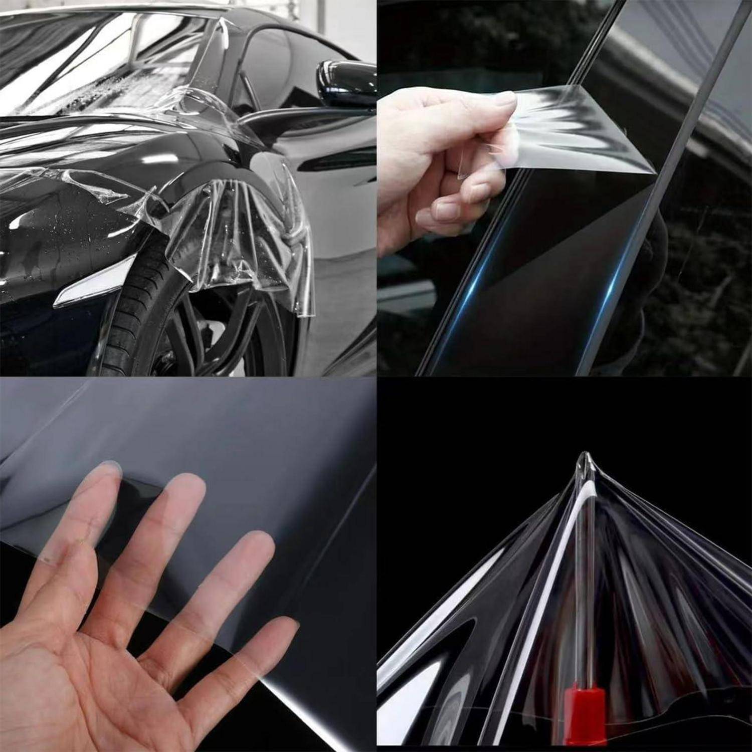 Collage zeigt glänzenden schwarzen Autolack-Schutzfilm, der angebracht und zurückgezogen wird, wobei Kratzerbeständigkeit und klare dehnbare Abdeckung auf einem Fahrzeugpanel und Hutzenrand hervorgehoben werden.