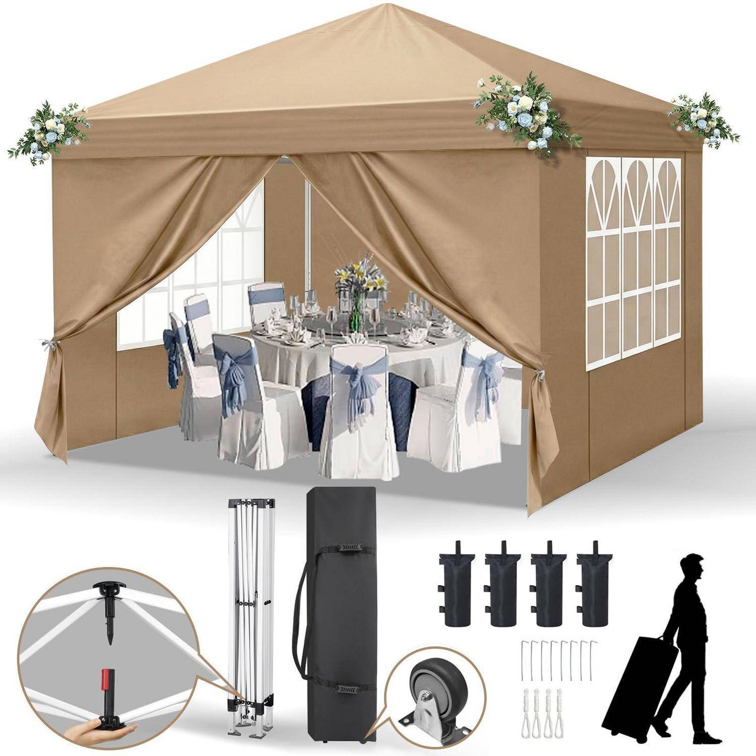 Beiges Pop-up-Pavillon-Zelt mit zurückgebundenen Vorhängen und floralen Akzenten, mit dekoriertem Essbereich im Inneren sowie enthaltener Rahmen, Heringe, Tragetasche und Räder.
