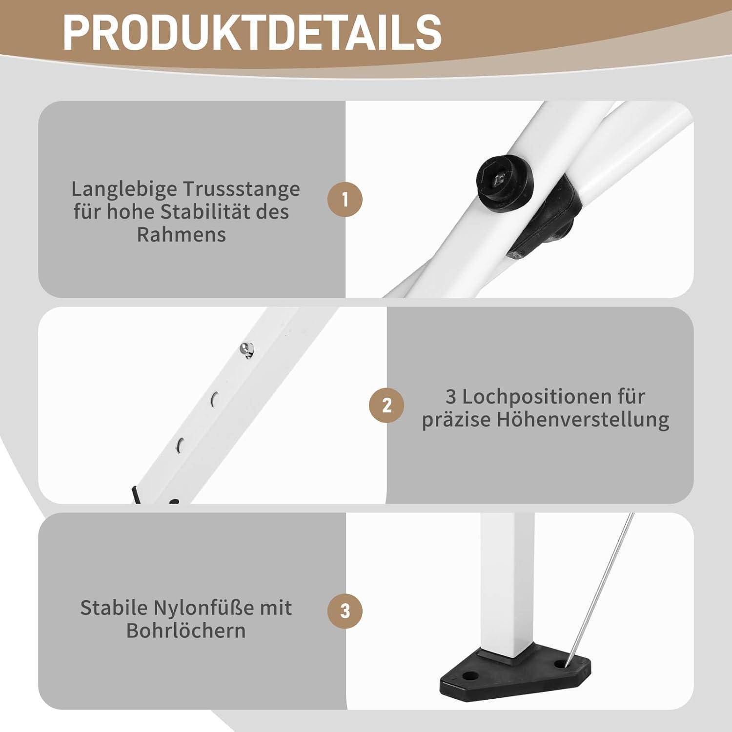 Deutsches Produktdetail-Grafikdesign, das einen weißen Rahmenständer mit 3 Funktionen zeigt: robuste Traversen-Strebe für Stabilität, 3 Lochpositionen für Höhenverstellung und stabile Nylonfüße mit Bohrungen.