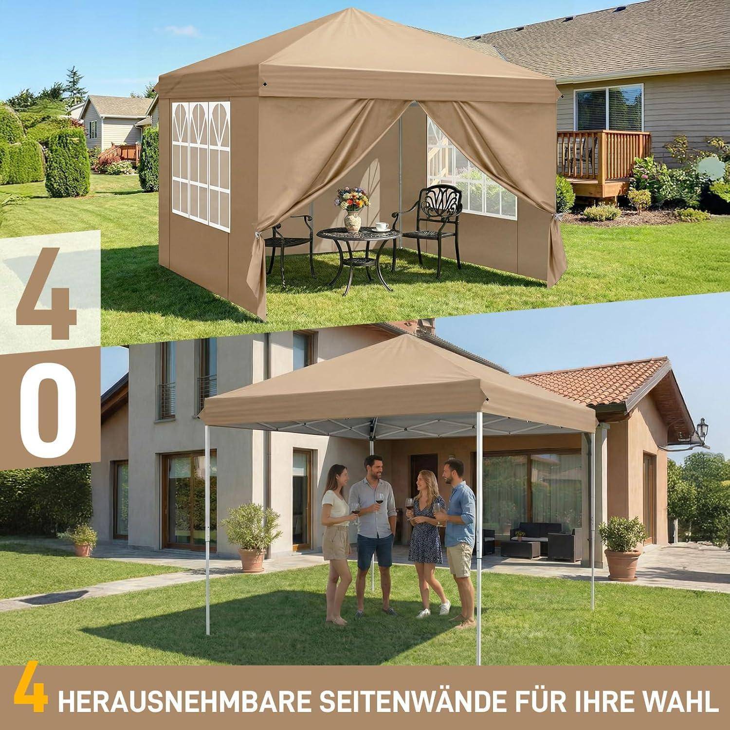 Werbebild eines beige farbenen Outdoor-Pavillon-Zelts in einem Garten, dargestellt mit Seitenwänden in einer Ansicht und offen seitig in einer anderen, mit vier Personen, die darunter stehen.