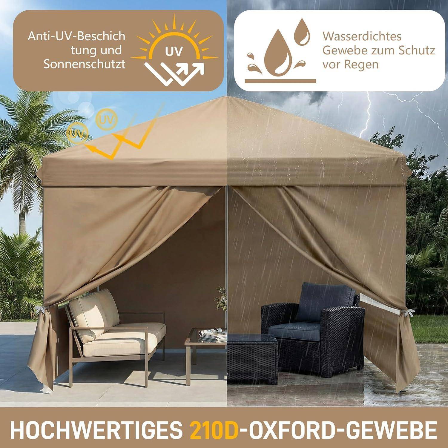 Werbebild einer beigen Außenlaubenpergola, das auf einer Seite UV-Sonnenschutz und auf der anderen Seite wasserdichten Regenschutz zeigt, mit dem Text „Hochwertiges 210D-Oxford-Gewebe".