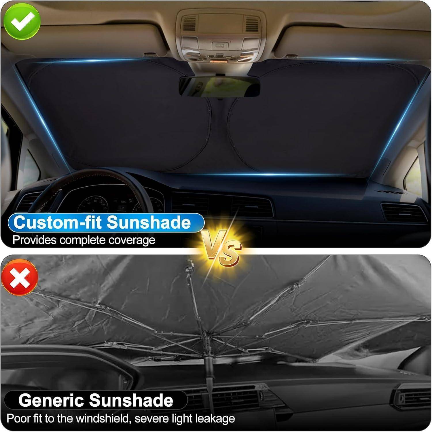 Vergleich von Autofenster-Sonnenschutzvorrichtungen nebeneinander: Maßgeschneiderte Sonnenschutzvorrichtung bietet vollständige Abdeckung, während generische Sonnenschutzvorrichtung Lücken und Lichteintritt aufweist.