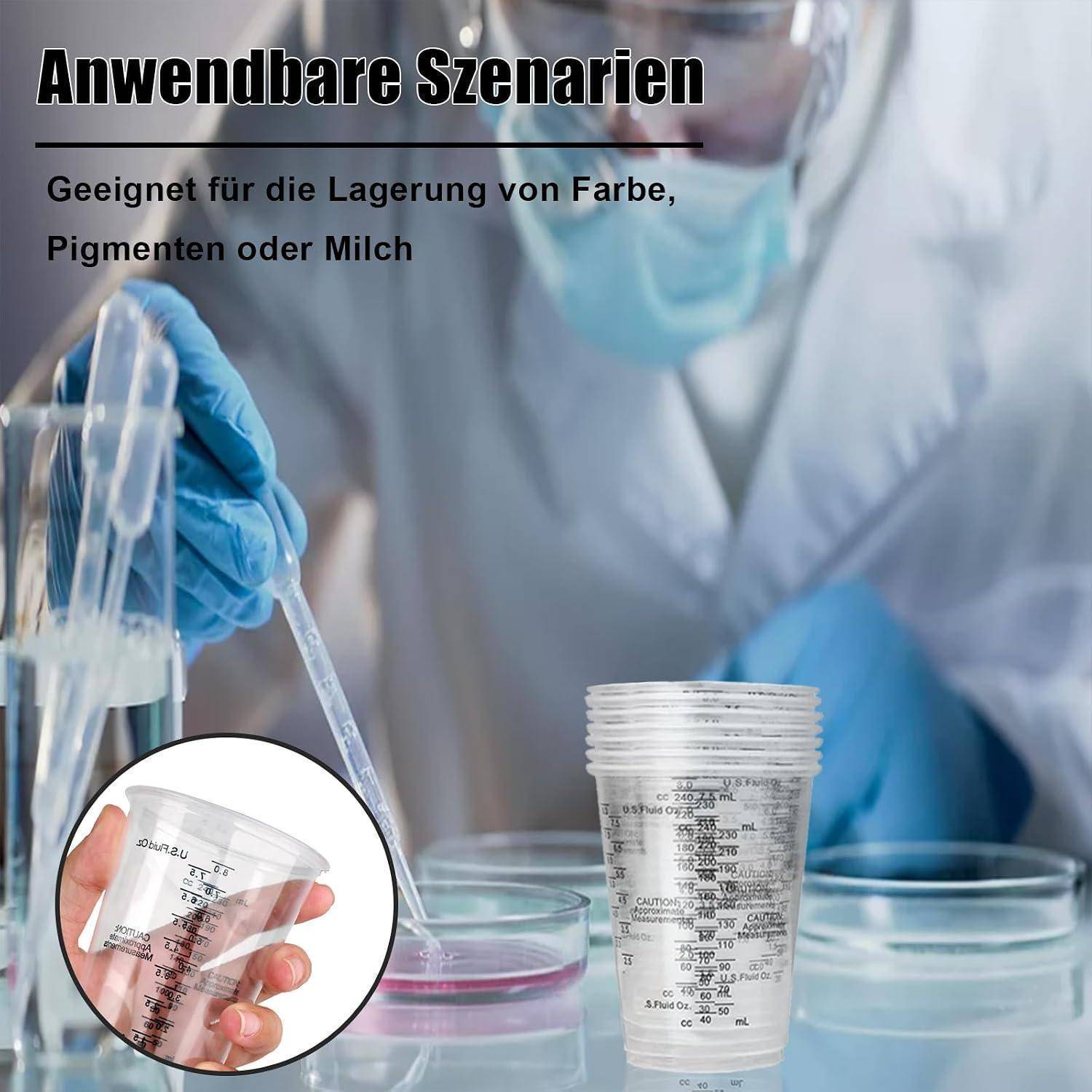 Labormitarbeiter mit einer Pipette und Kunststoffproben­behältern; deutscher Text sagt „Anwendbare Szenarien