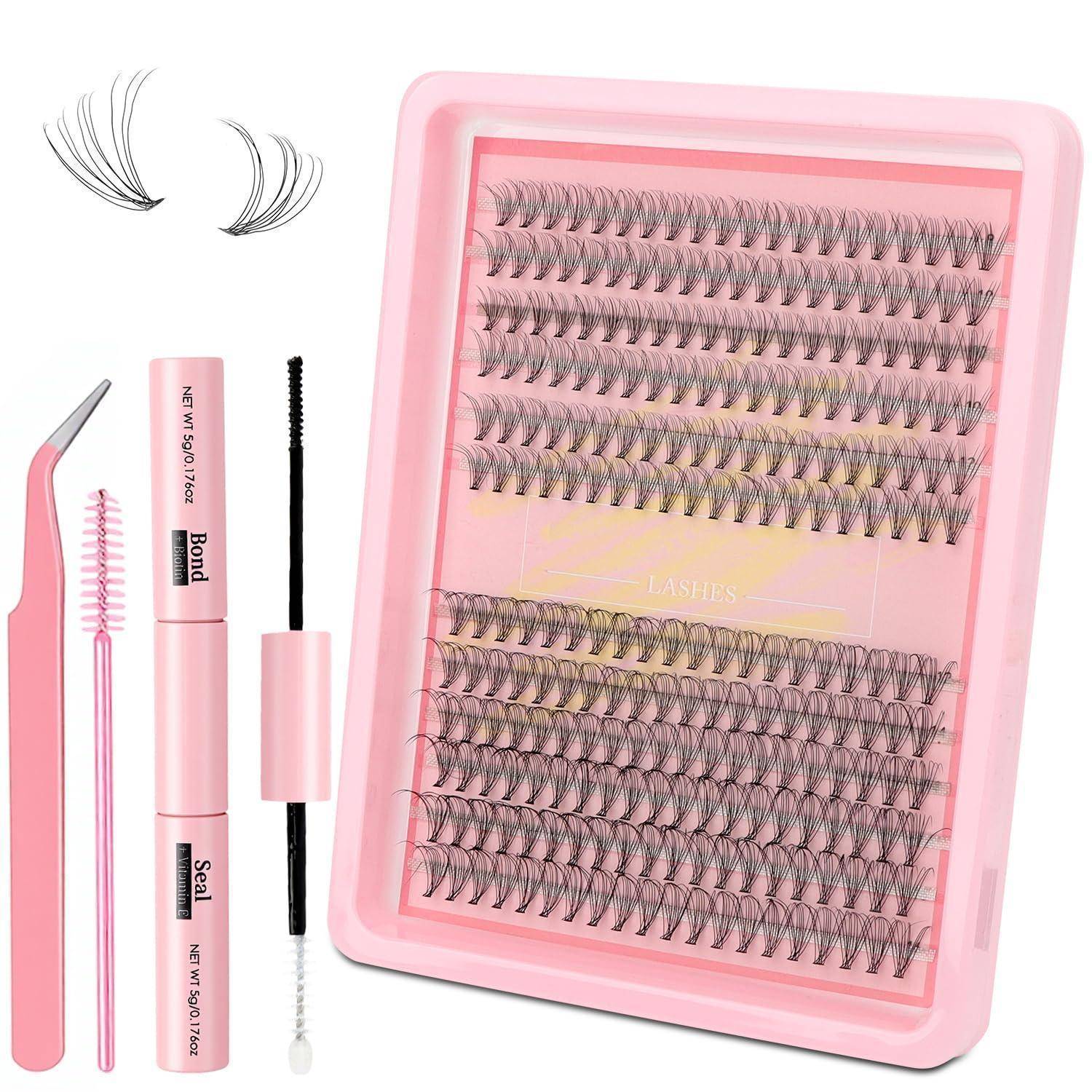 Rosa Wimpernverlängerungs-Set mit gemischten künstlichen Wimpern, Pinzette, Spooliebürste und Kleber-/Bond- und Versiegelungstuben in einem Tablett.