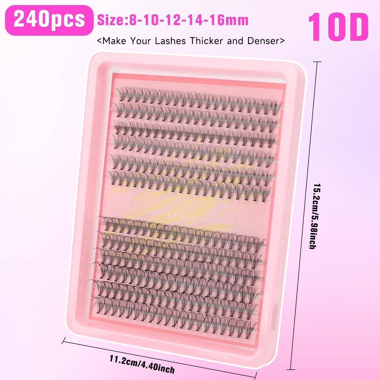 Rosa Palette mit 240 Wimpernverlängerungen, Größen 8-16 mm, beschriftet mit 10D, mit Abmessungen von 11,2 x 15,2 cm und Slogan „Machen Sie Ihre Wimpern dichter und voller