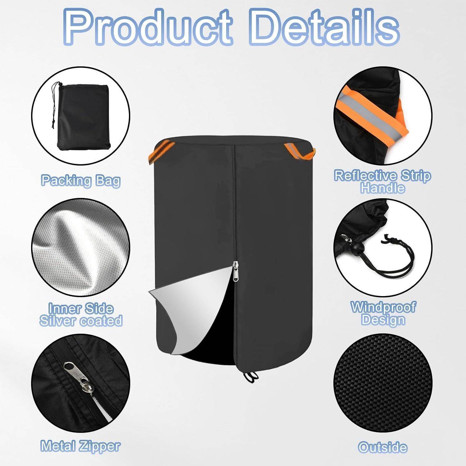 Produktdetails einer schwarzen Schutztasche mit Verpackungstasche, reflektierendem Griff, winddichtem Kordelzug, silberbeschichteter Innenseite, Metallreißverschluss und strukturiertem Außenstoff.