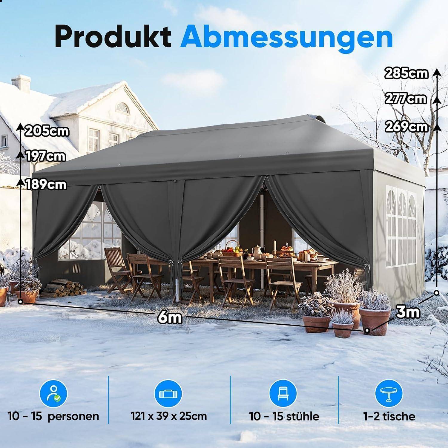 Produktabmessungen eines grauen Gazebo-Zelts: 6 m × 3 m, Höhe 189–285 cm; passt für 10–15 Personen, 10–15 Stühle oder 1–2 Tische.