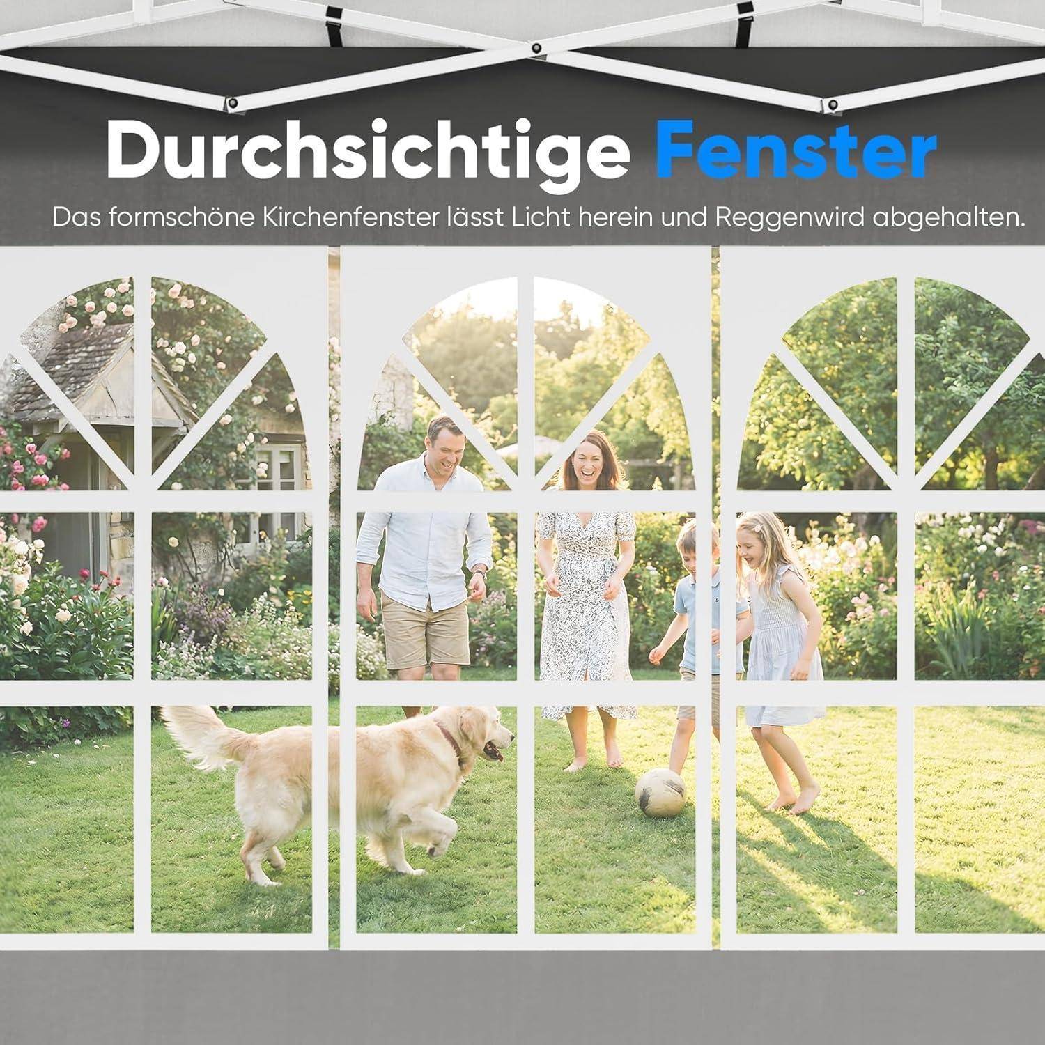 Werbebild einer klaren Fenstermarkise über einer Familie in einem sonnigen Garten; deutscher Text liest sich „Durchsichtige Fenster" und sagt, dass sie Licht hereinlässt, während sie Regen und Wind abhält.