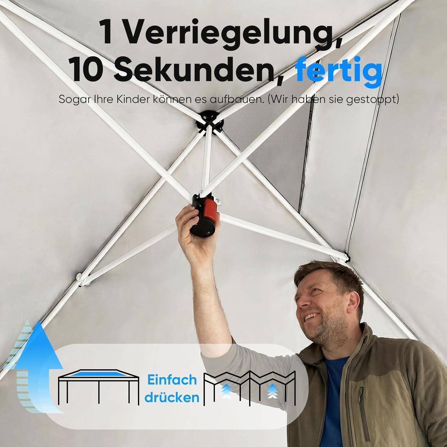 Mann sperrt ein weißes Pop-up-Zelt mit einer Hand; Deutscher Text besagt "1 Verriegelung, 10 Sekunden fertig"" und ""Einfach drücken,"" was schnelle Montage bewirbt.