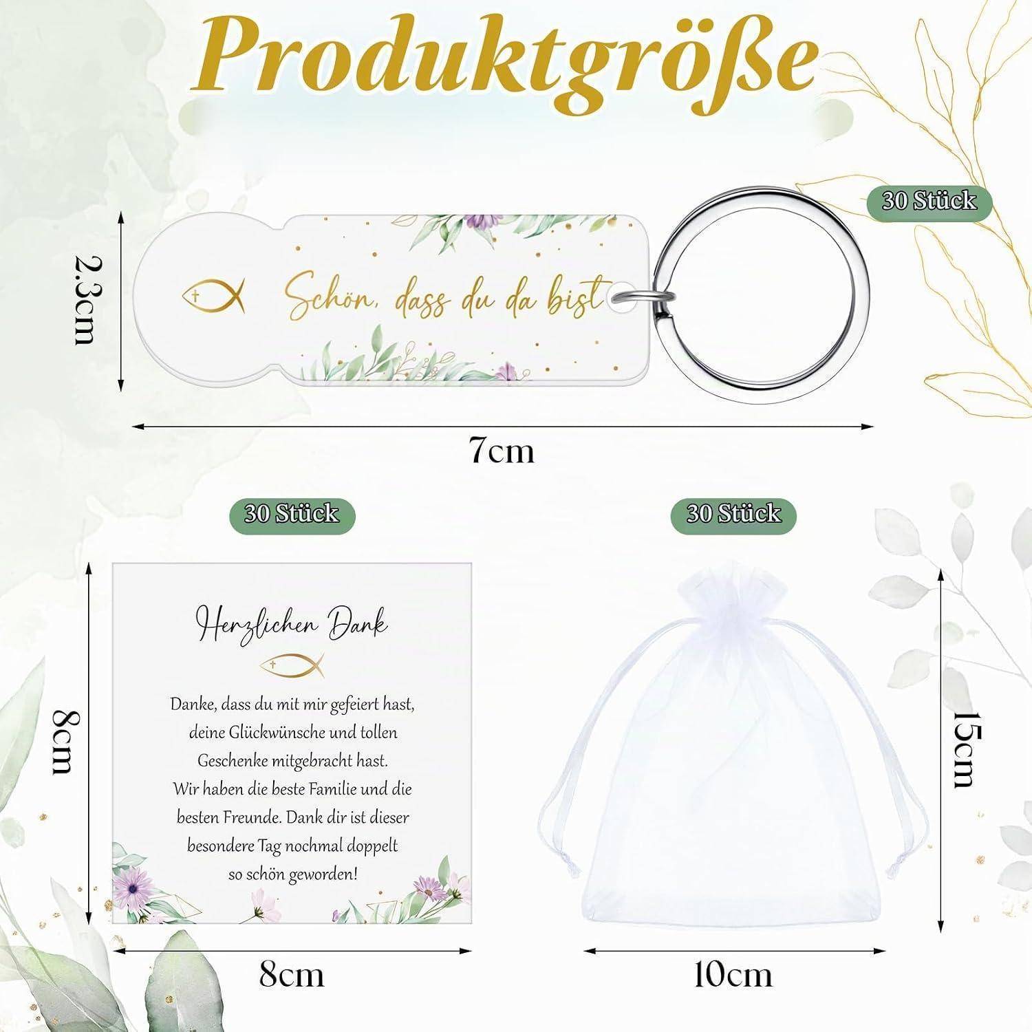 Produktgrößentabelle mit drei Artikeln: ein Schlüsselanhänger-Tag „Schön, dass du da bist" (7 cm x 2,3 cm), eine Dankeskarte (8 cm x 8 cm) und eine Geschenktüte (10 cm x 15 cm), jeweils mit der Bezeichnung „30 Stück"".