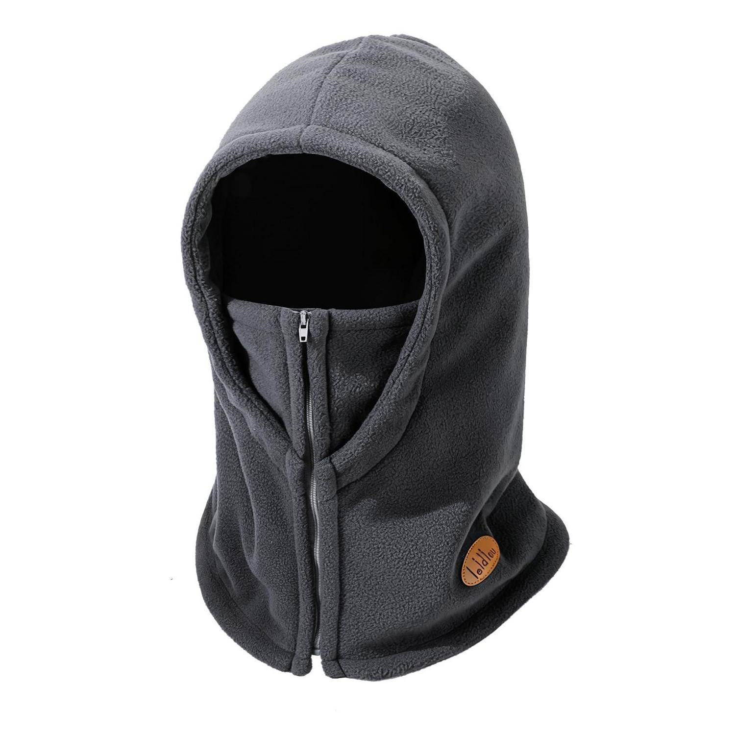 Graue Fleece-Sturmhaube mit Gesichtsöffnung und Reißverschluss vorne, gezeigt auf weißem Hintergrund.