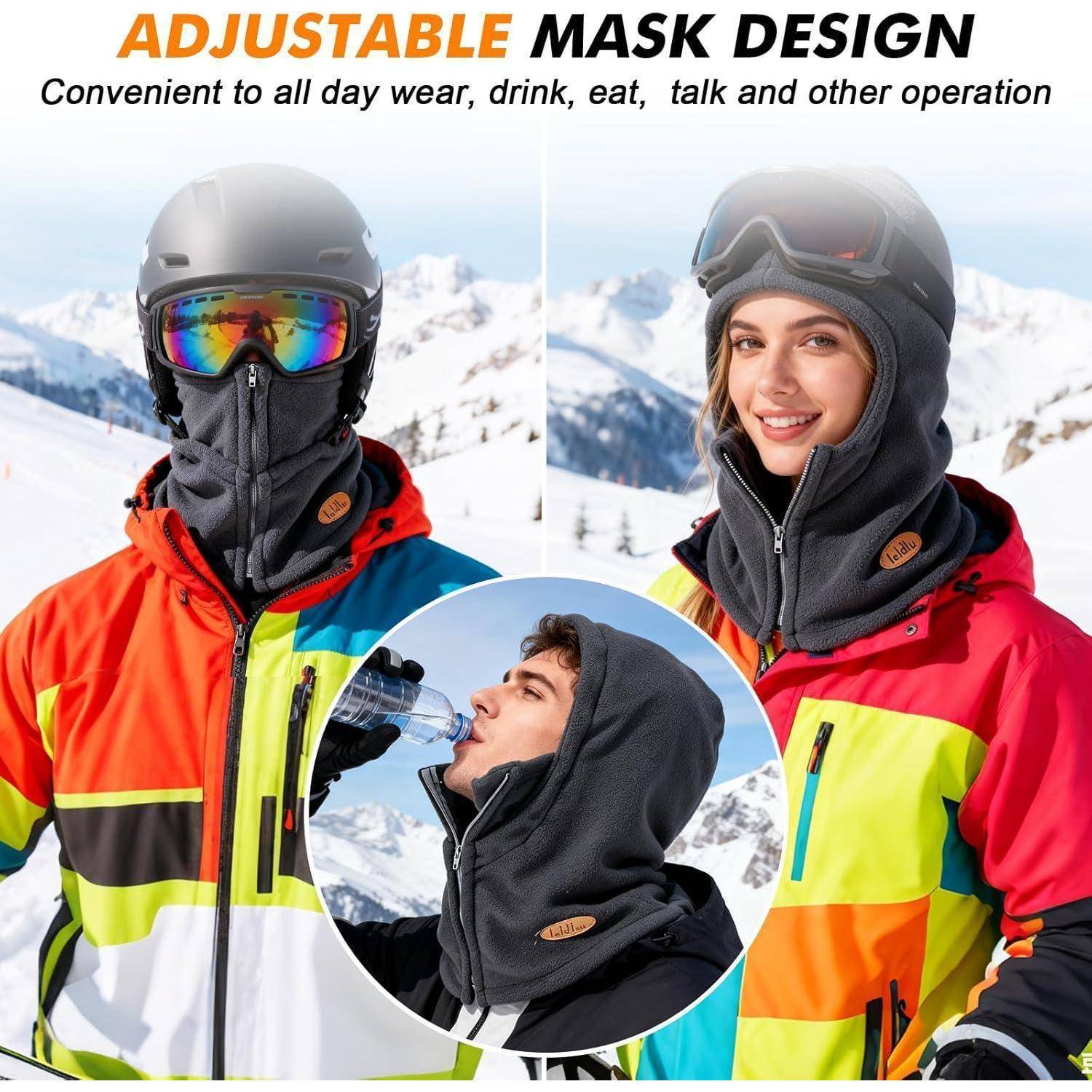 Anzeige für eine verstellbare Skiaske mit drei Personen in Winterkleidung, die die Gesichtsbedeckung beim Skifahren, Trinken und Lächeln tragen; der Text lautet „VERSTELLBARES MASKENDESIGN