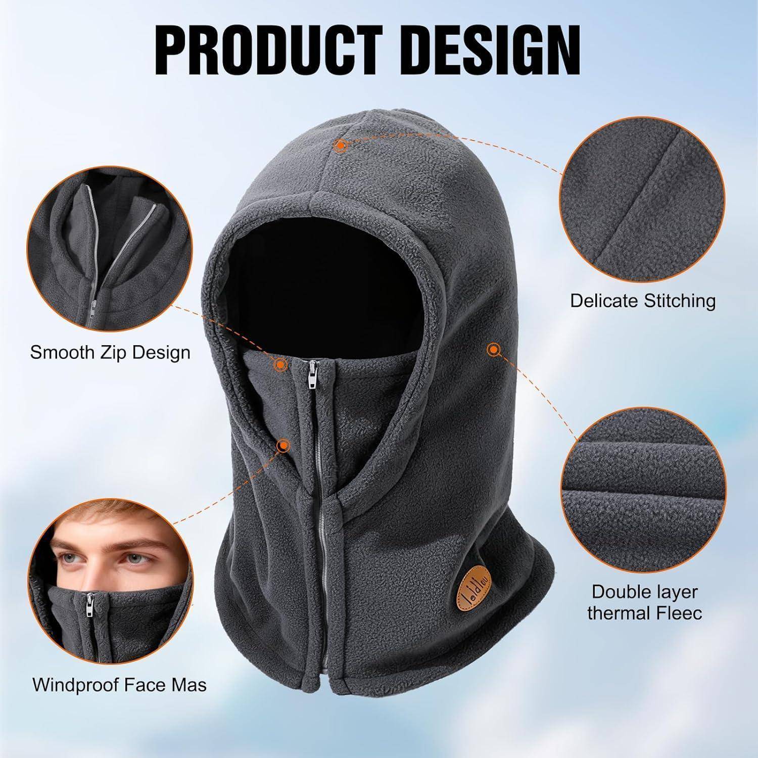 Produktdesign-Diagramm einer grauen Fleece-Sturmhaube mit Reißverschluss-Gesichtsöffnung, gekennzeichnet mit glattem Reißverschlussdesign, feiner Nähverarbeitung, doppellagigem Thermofleece und winddichter Gesichtsmaske.