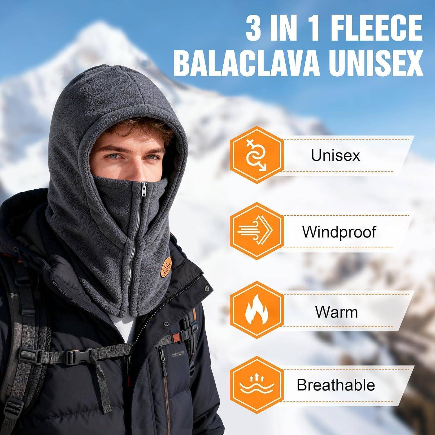 Mann mit einer grauen 3-in-1-Fleece-Sturmhaube in schneebedeckten Bergen, mit Text, das "Unisex"", ""Winddicht"", ""Warm"" und ""Atmungsaktiv"" hervorhebt.