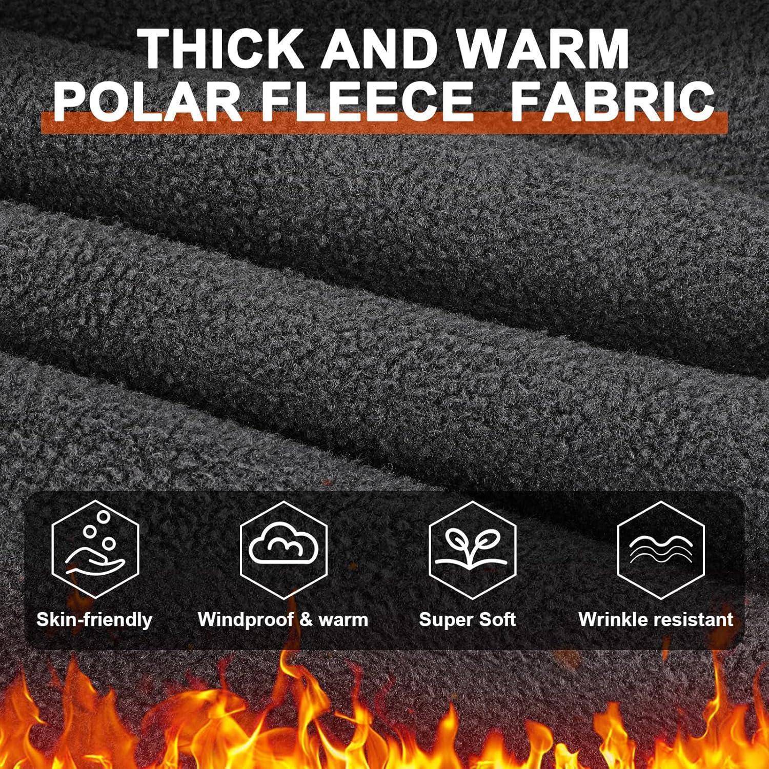 Werbegrafik aus dicker, warmer Polarvlies-Stoff mit Symbolen, die hautfreundliche, winddichte und wärmende, super weiche und knitterbeständige Eigenschaften hervorheben.