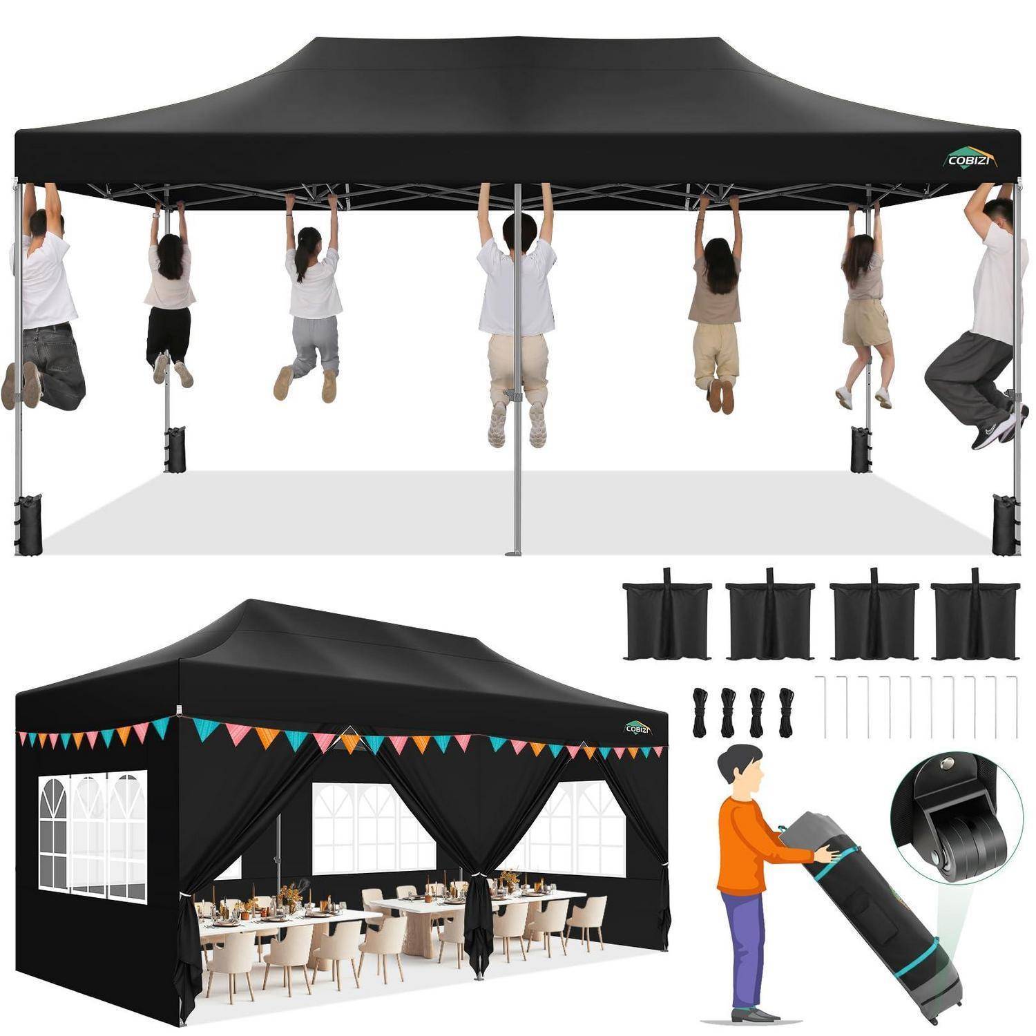 Schwarzes Popup-Baldachindach, das offen mit hängenden Seitenwänden dargestellt ist, und Menschen, die vom Rahmen hängen; die Einblendung zeigt das vollständig zusammengebaute Zelt für eine Veranstaltung mit Zubehör und Tragetasche.