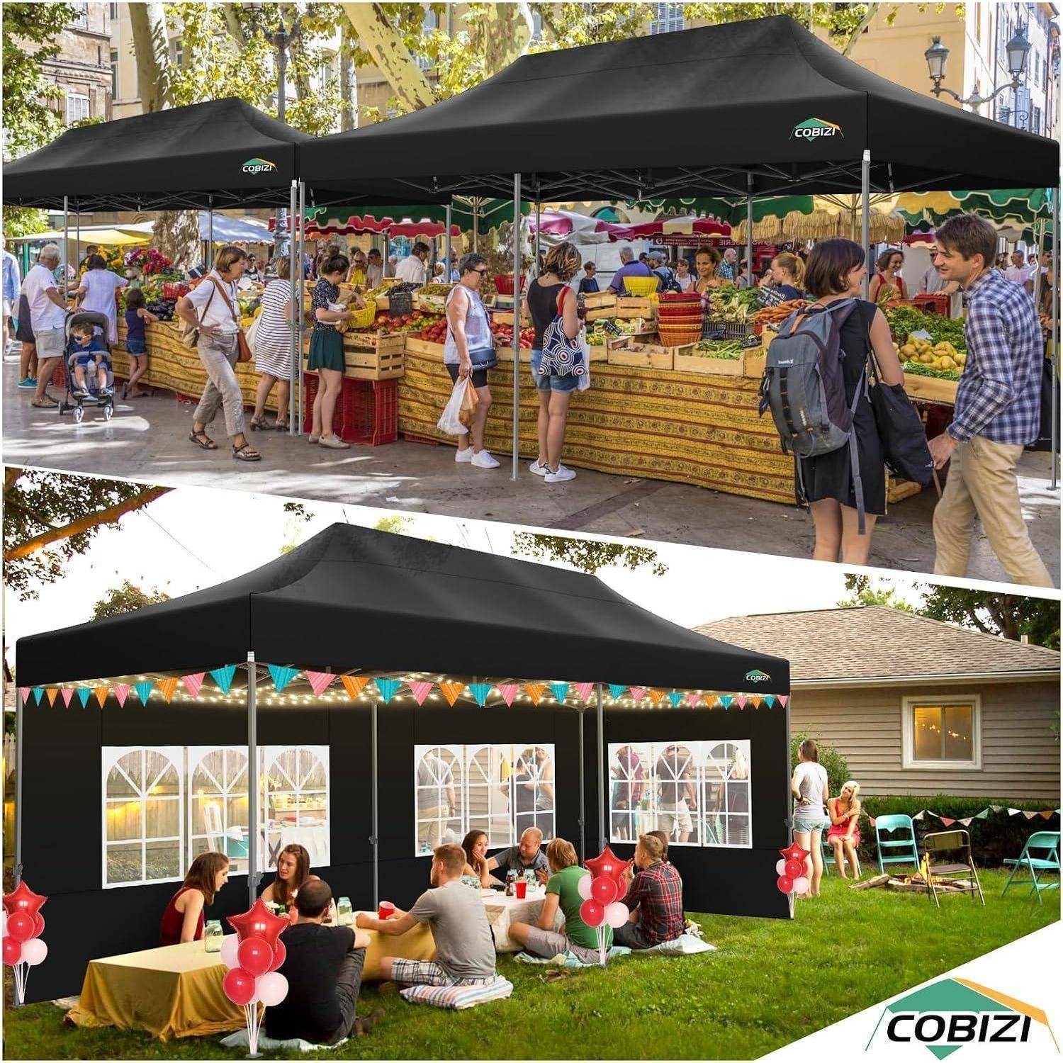 Collage aus schwarzen Zelten: ein geschäftiger Außenmarkt mit Gemüseständen und ein Partyzelt im Hinterhof mit Menschen, die auf dem Rasen neben einem Haus sitzen.