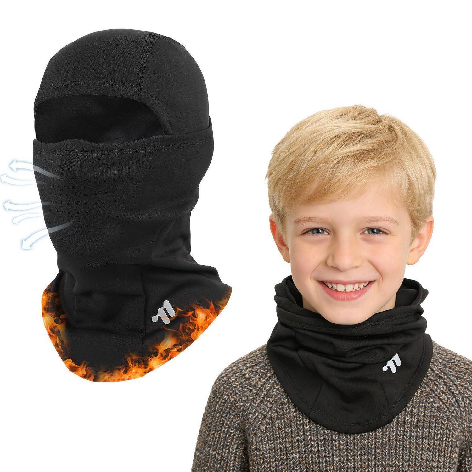 Schwarze Gesichtsmaske und Halsgaiter an einem Kind gezeigt, mit Luftstromrichtungspfeilen und Flammengrafik, die atmungsaktive, flammenhemmende Winterkleidung anzeigen.