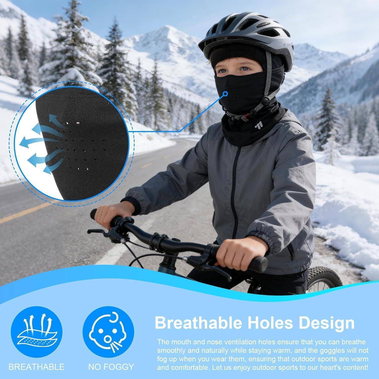 Radfahrer mit Helm und Gesichtsschutz auf einer verschneiten Bergstraße, mit einer Vergrößerung, die Belüftungslöcher hervorhebt und den Text „Breathable Holes Design