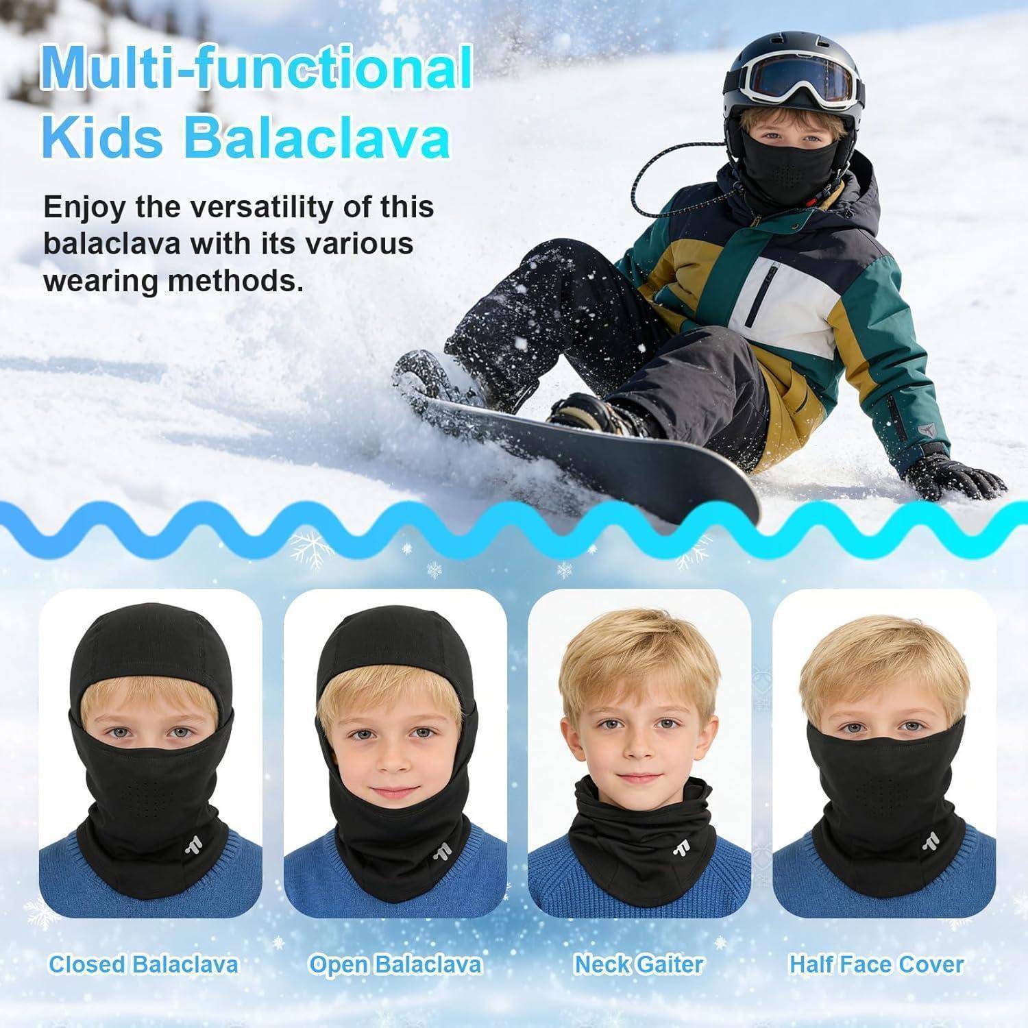 Werbebild für eine multifunktionale Kinder-Gesichtsmaske mit vier Trageoptionen, das ein Kind beim Snowboarden zeigt und die folgenden Varianten präsentiert: geschlossene Gesichtsmaske, offene Gesichtsmaske, Nackenmanschette und Halbgesichtsabdeckung.
