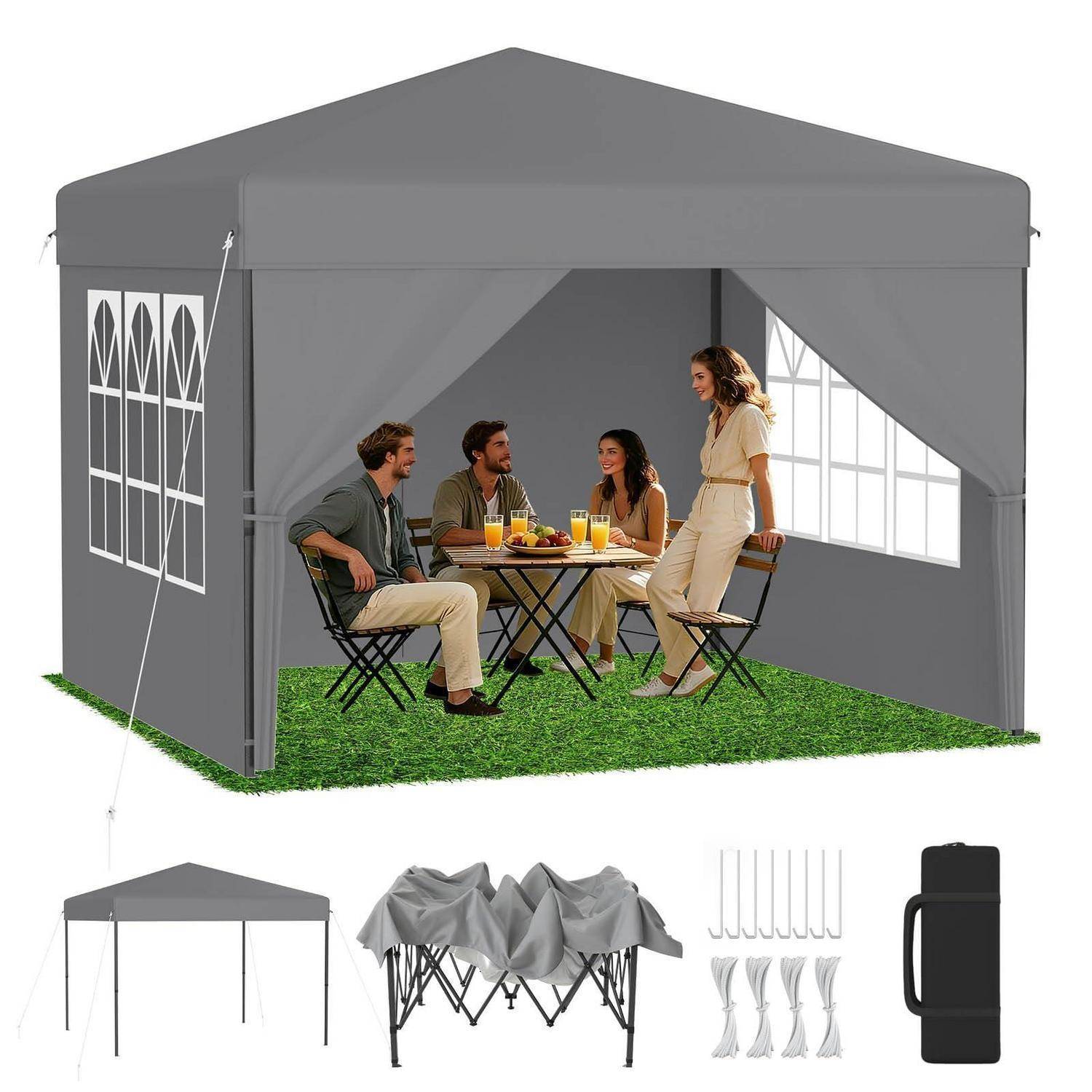 Graubraunes Popup-Pavillon-Zelt mit vier Erwachsenen, die sich um einen kleinen Tisch im Inneren versammeln; unterer Ausschnitt zeigt gefaltetes Zelt, Gestell, Heringe und Tragetasche.