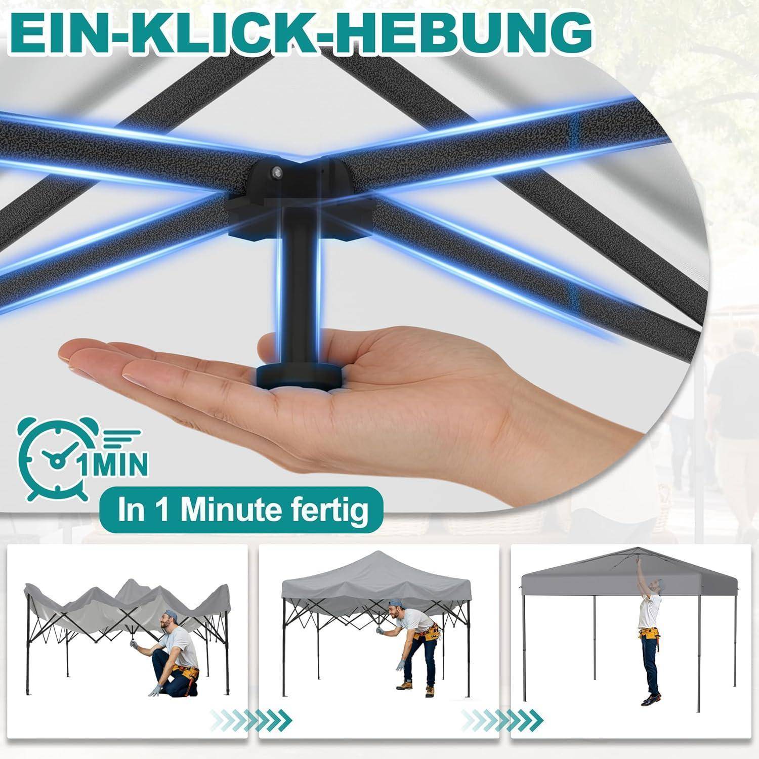 Werbegrafik, die den einfachen Ein-Klick-Hebung-Aufbau eines Baldachrinzelts zeigt, mit einer Hand, die den Mittelpfosten hebt; der Text lautet „EIN-KLICK-HEBUNG" und „In 1 Minute fertig"".