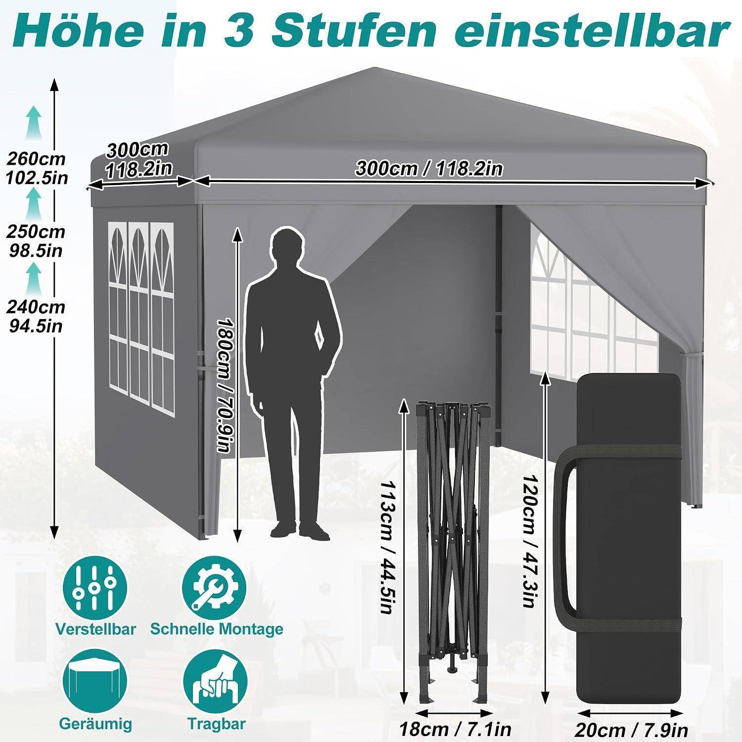 Abbildung eines grauen Pop-up-Baldachins mit stufenweise verstellbarer Höhe in 3 Stufen: 240, 250 und 260 cm; 300 cm breit; enthält Personensilhouette und Zubehörabmessungen.