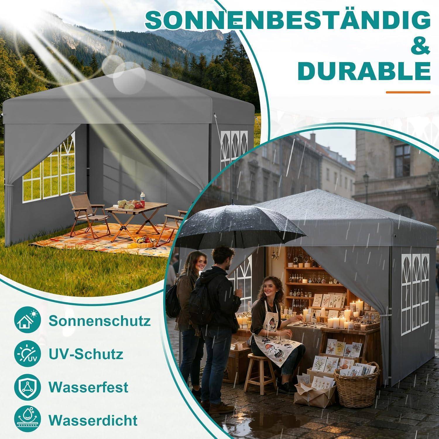 Anzeige für ein graues Outdoor-Pavillonzelt mit der Bezeichnung „SONNENBESTÄNDIG & DURABLE", das Sonnen- und Regenschutz sowie wasserdichte und wasserabweisende Eigenschaften zeigt.