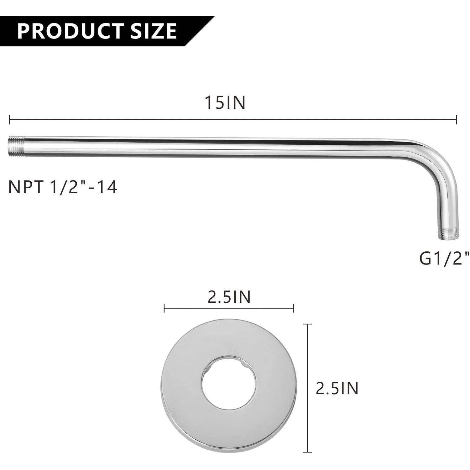 Produktgrößendiagramm eines L-förmigen Edelstahlrohrs: 15 Zoll lang, NPT 1/2-14 mit G1/2-Ende und einer 2,5 Zoll Durchmesser runden Basis.