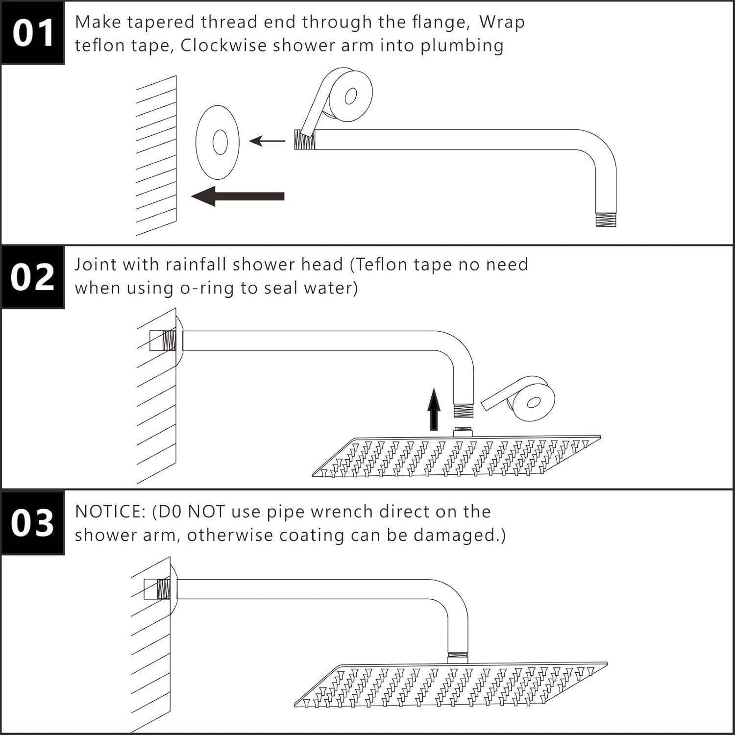 Installationsdiagramm für Brausearm in drei Schritten: Wickeln Sie Teflonband um den Arm und schrauben Sie ihn in die Rohrleitungen, befestigen Sie den Regenduschkopf, und vermeiden Sie den Rohrzangengriff auf dem beschichteten Arm.