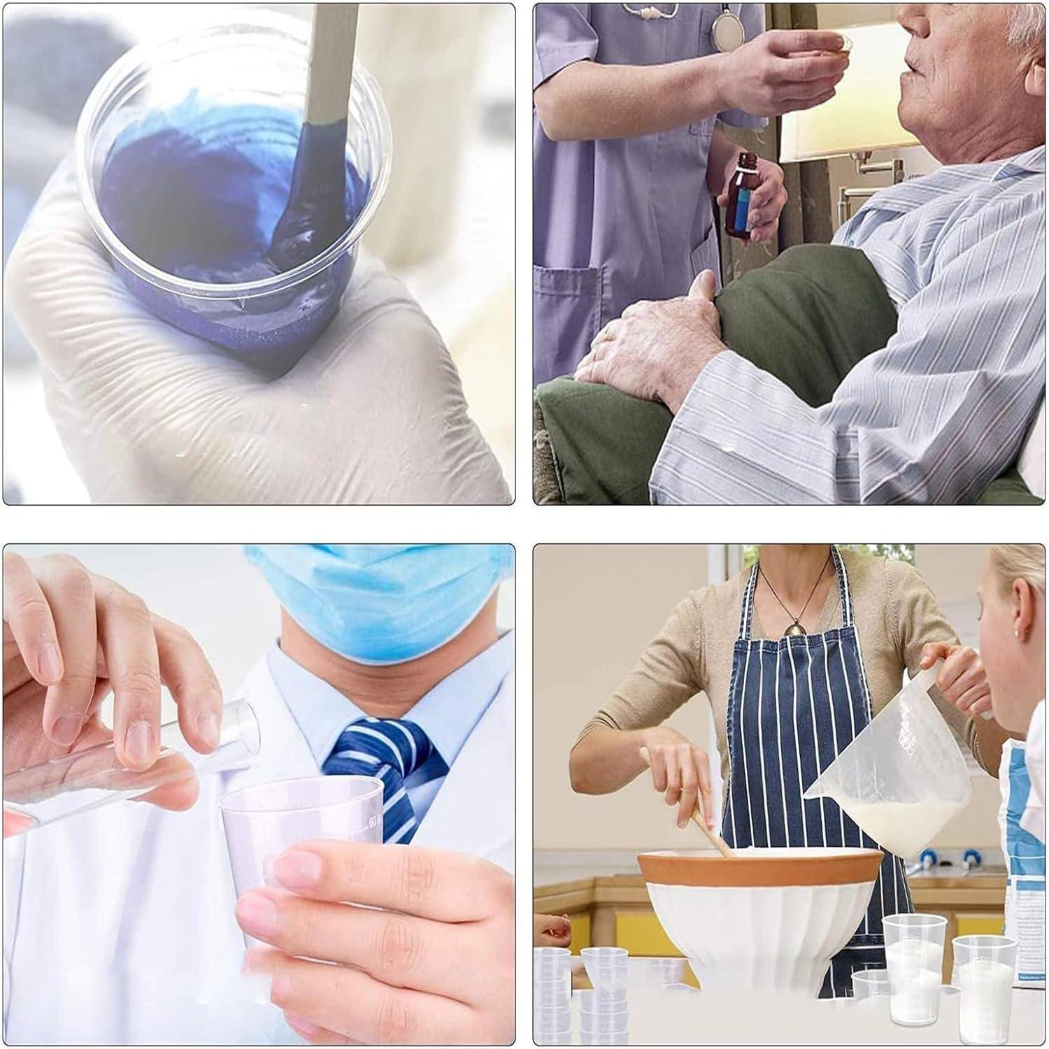 Collage von Gesundheits- und Laborszenen: behandschuhte Hände, die eine blaue Flüssigkeit mischen, eine Krankenschwester, die Augentropfen verabreicht, ein Kliniker, der Flüssigkeit ausgießt, und eine Apron tragende Person, die eine Mischung vorbereitet.