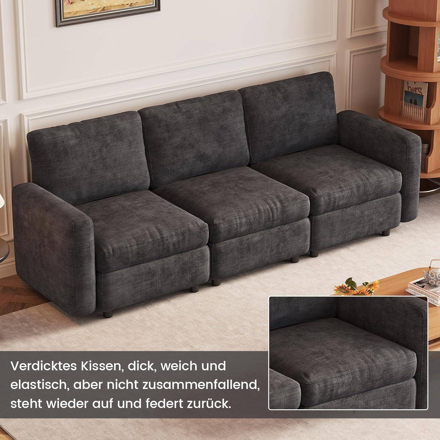 Dunkelgraues dreisitziges Sofa mit dicken, strapazierfähigen Kissen; die Vergrößerung zeigt eine Nahaufnahme der Kissentextur und Unterstützung.