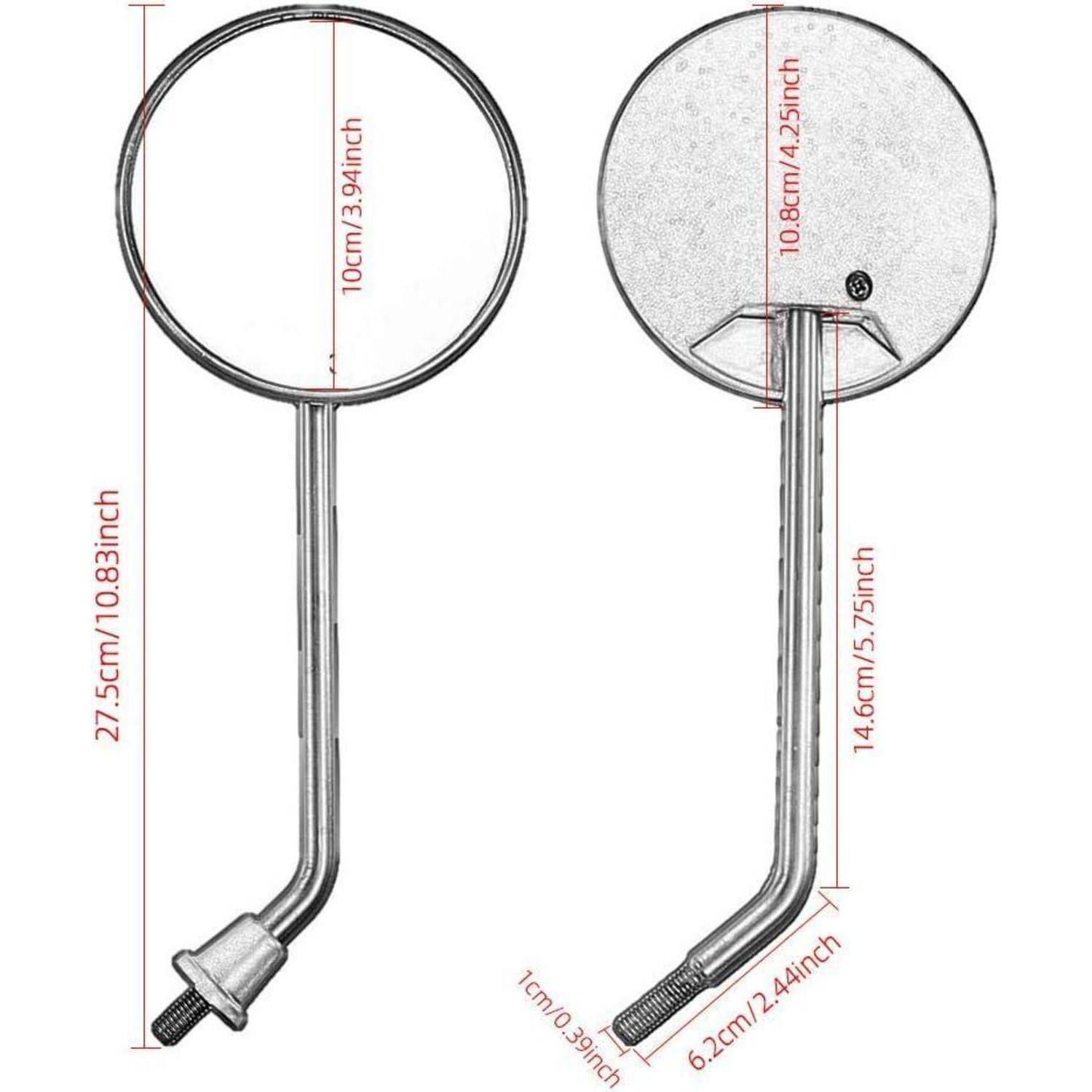 Produktdiagramm zeigt einen runden Spiegel auf einem Metallstiel mit Gewindegewinde-Basis, gekennzeichnet mit Abmessungen: 10cm Durchmesser, 27,5cm Gesamthöhe, 14,6cm Stiel, 6,2cm abgewinkelter Abschnitt.