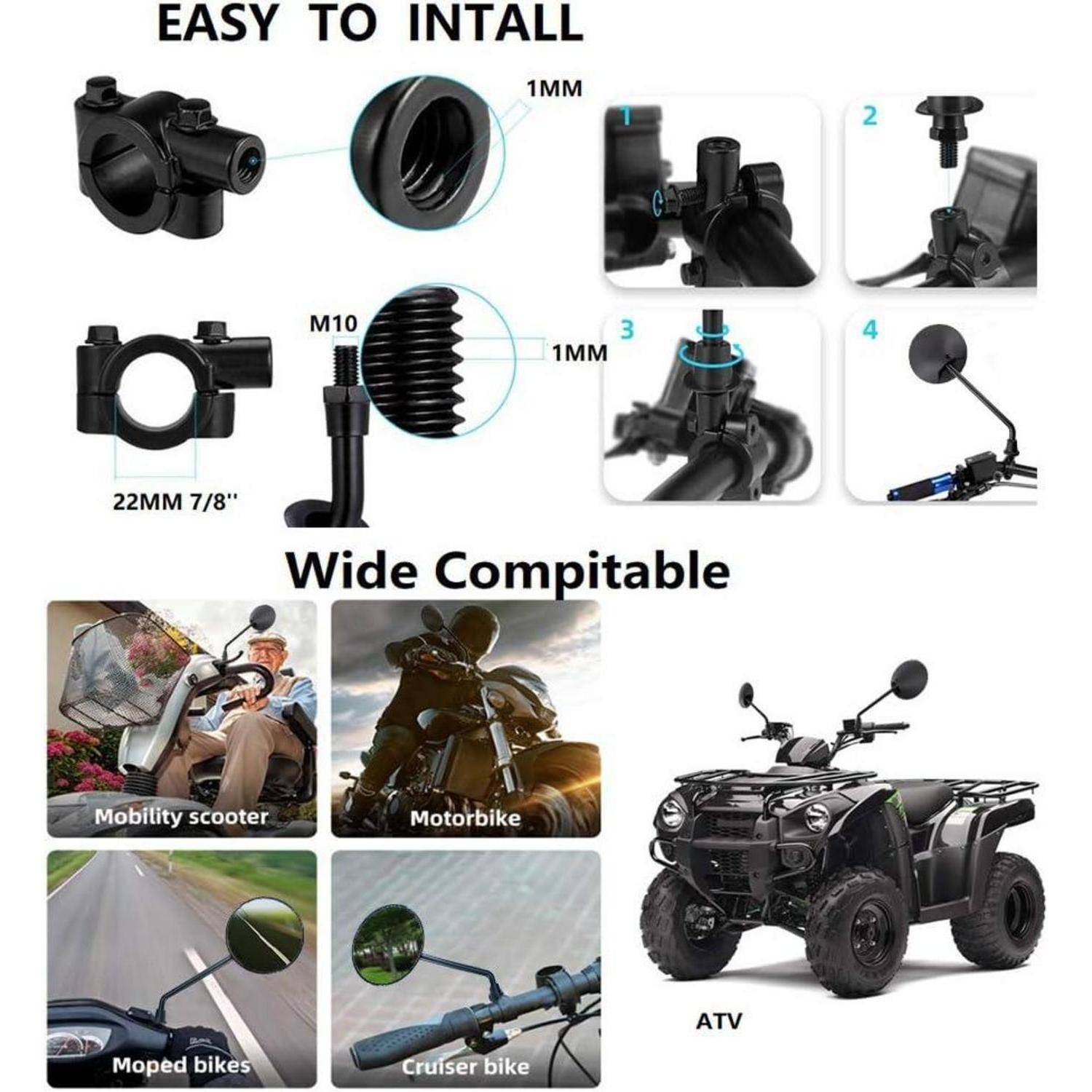 Illustrierte Produktanzeige mit einem einfach zu installierenden Motorrad-Spiegelklemmen-Adapter, kompatibel mit 22-mm-Lenkerstangen und M10-Gewinde, für Mobilitätsroller, Motorräder, Mopeds, Cruiser und Quads.
