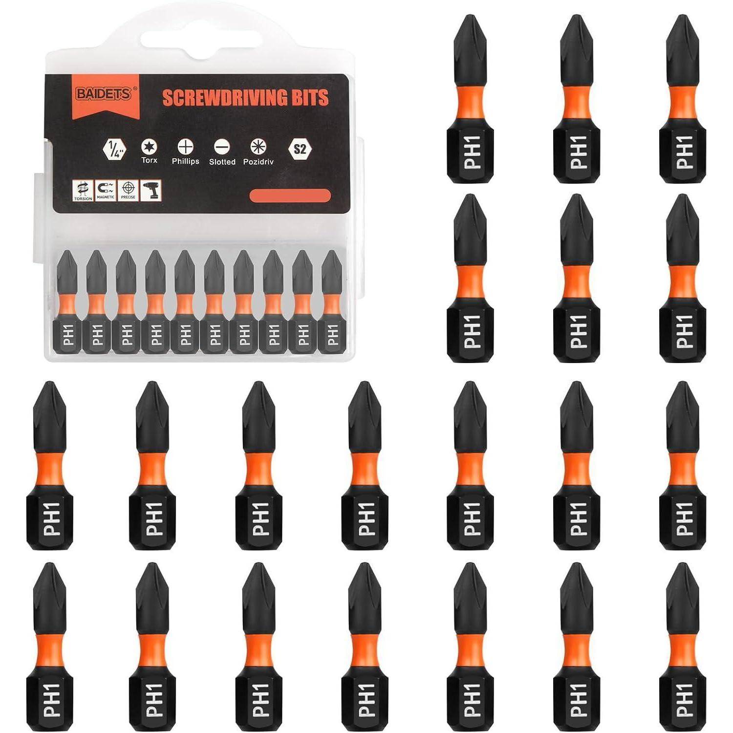Packung mit PH1-Schraubendreherbits mit mehreren einzelnen schwarz-orangefarbenen Bits in einem Rasterformat angeordnet.