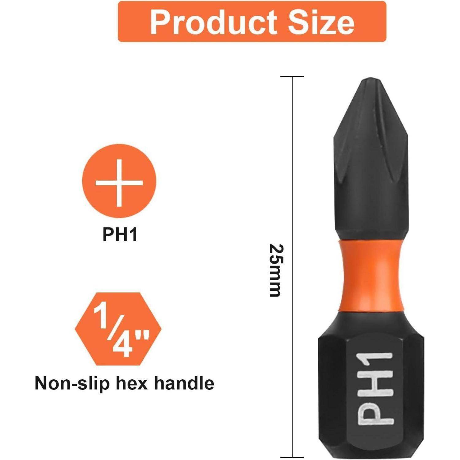 Produktgrößen-Grafik für einen PH1-Schraubendreher-Bit mit 25mm Länge und einem 1/4-Zoll-Antischlupf-Sechskantgriff.