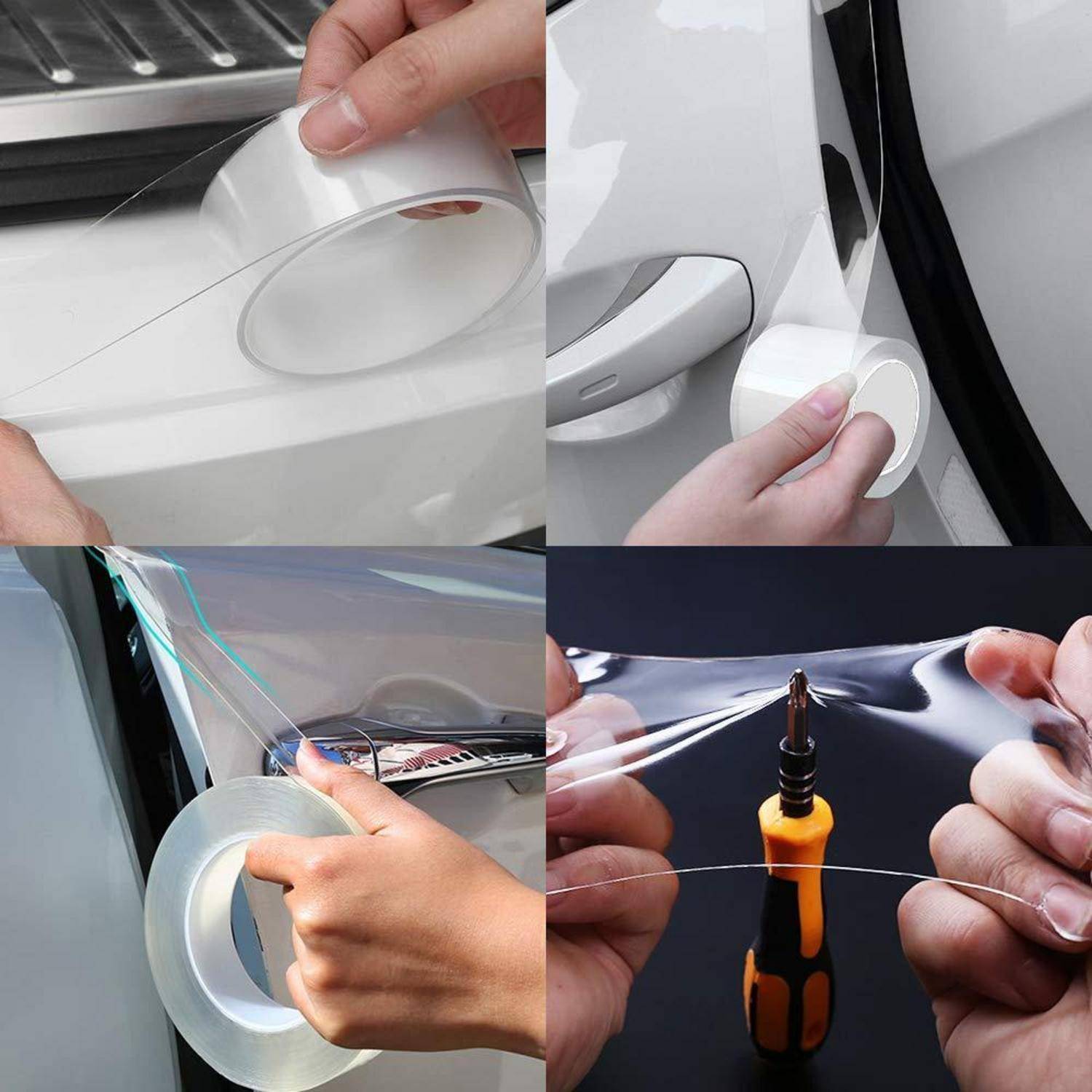 Hände bringen transparente Schutzfolie um einen Autotürgriff und die Zierleiste an, glätten die Folie und verwenden ein Werkzeug, um Vinyl auf einer Fahrzeugoberfläche anzubringen.