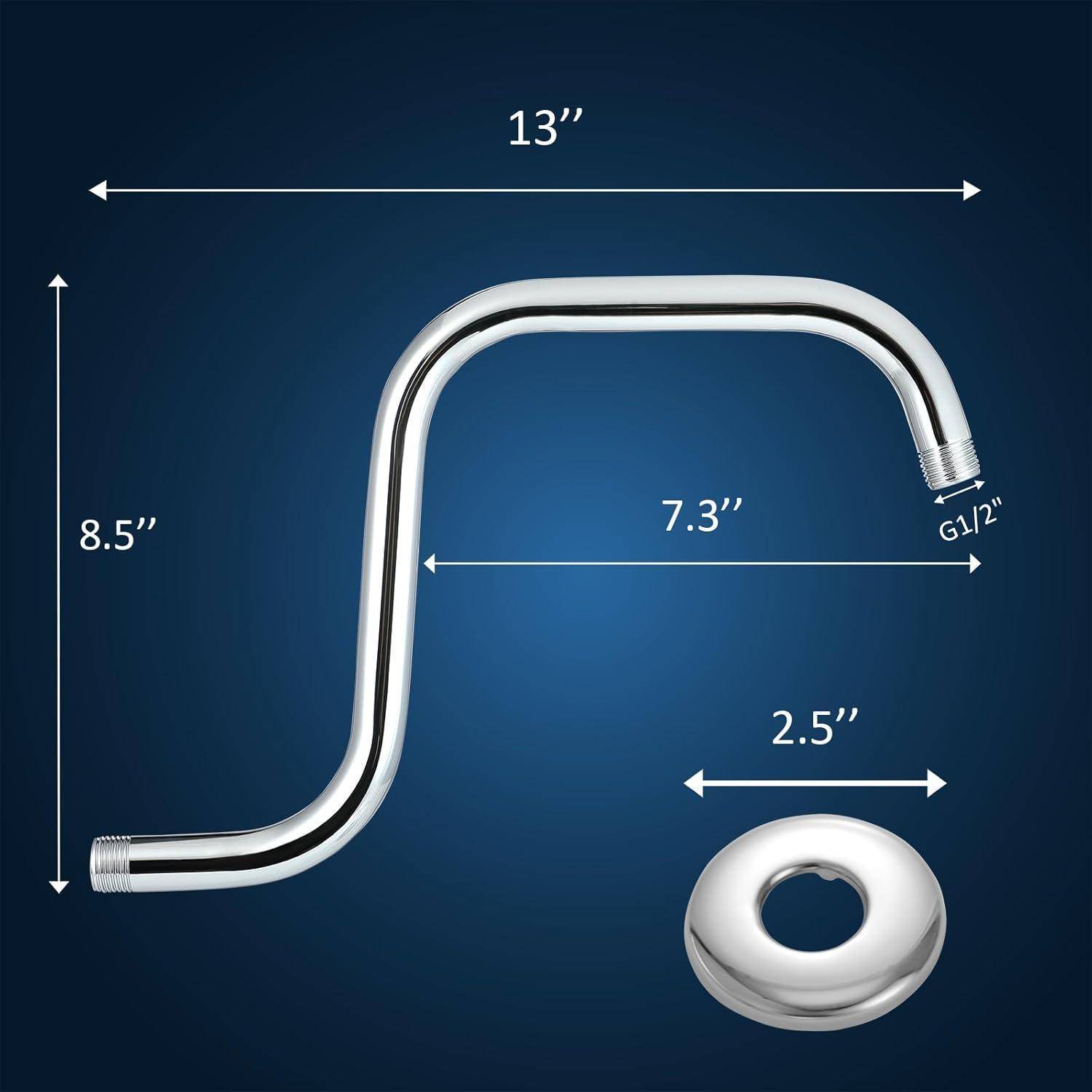 Diagramm einer verchromten Duschstange mit Abmessungen: 13 Zoll Gesamtbreite, 8,5 Zoll Höhe, 7,3 Zoll Ausladung, 2,5 Zoll Flanschen-Durchmesser und G1/2 Gewindegröße.