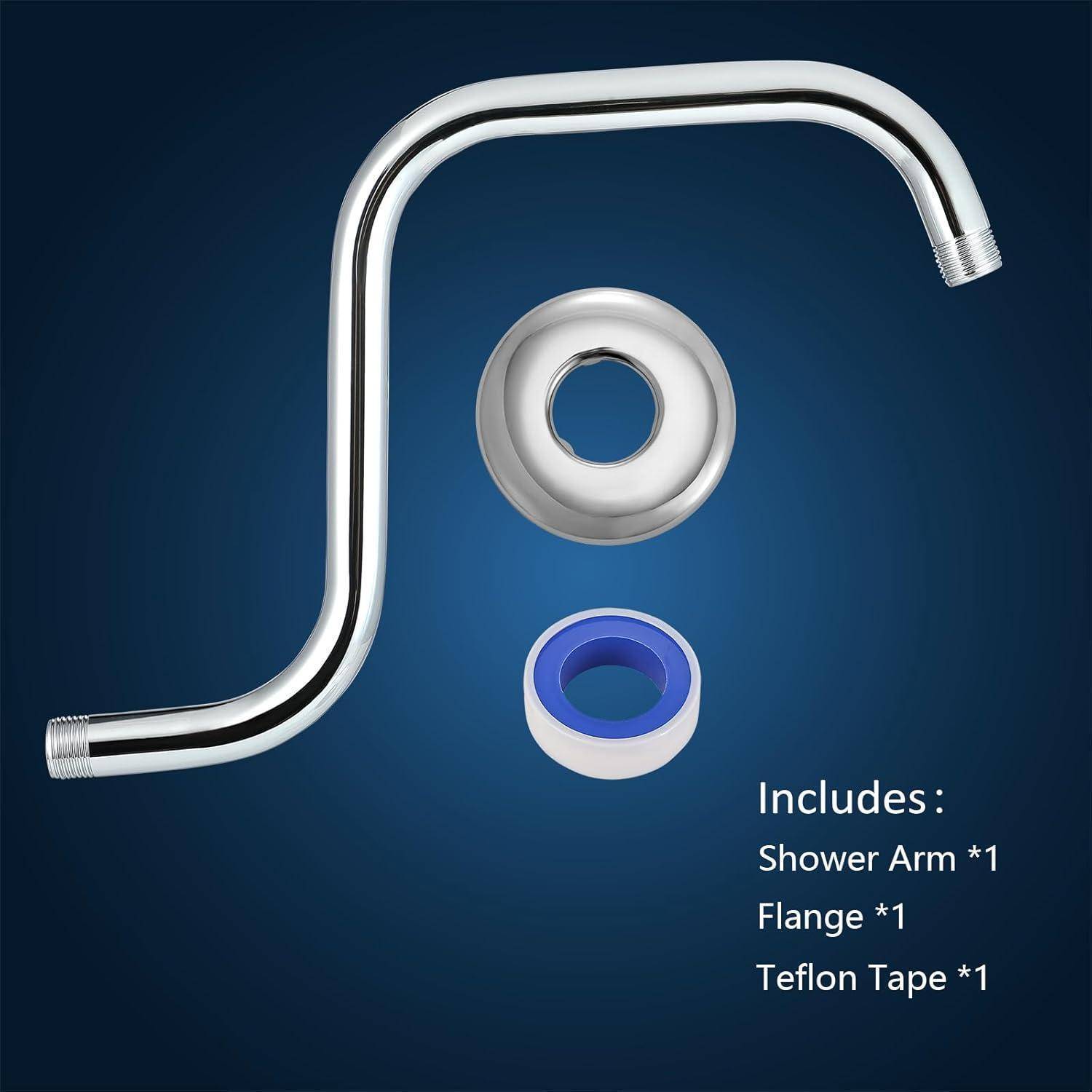 Chromdusche mit Flansch und Teflonband, die als enthaltene Teile auf blauem Hintergrund dargestellt sind.