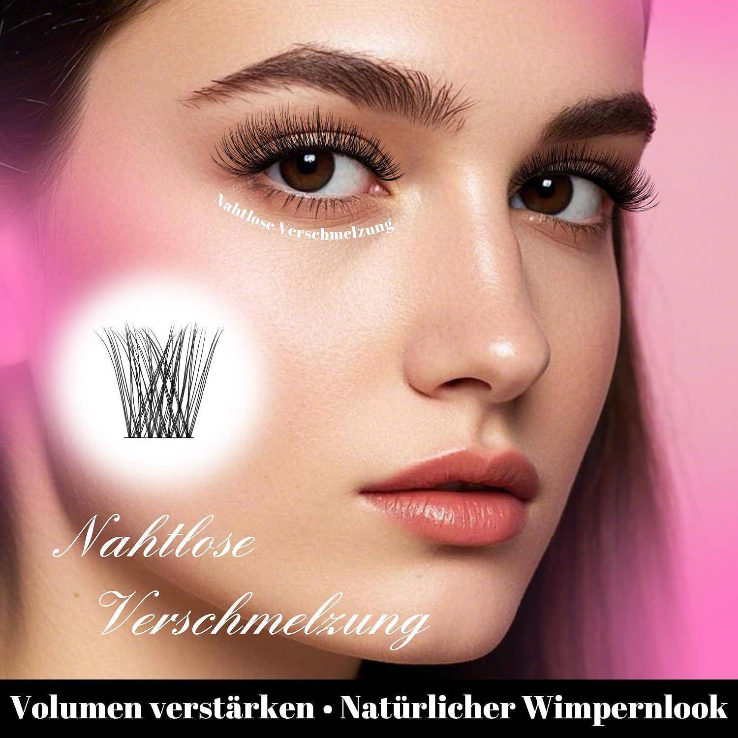 Nahaufnahme eines weiblichen Gesichts mit langen künstlichen Wimpern; deutscher Text liest „Nahtlose Verschmelzung