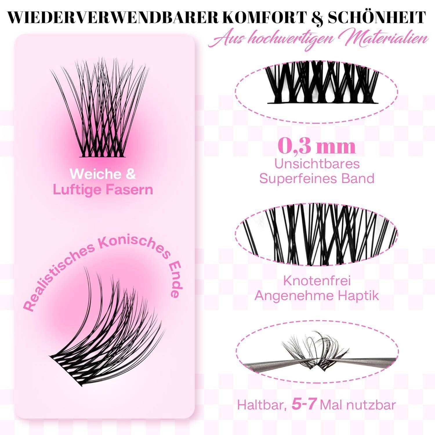 Deutsche Werbekampagne mit wiederverwendbaren falschen Wimpern mit weichen Fasern, realistischen konischen Enden, 0,3 mm unsichtbarem Band, knoten­freiem Gefühl und 5–7 Anwendungen