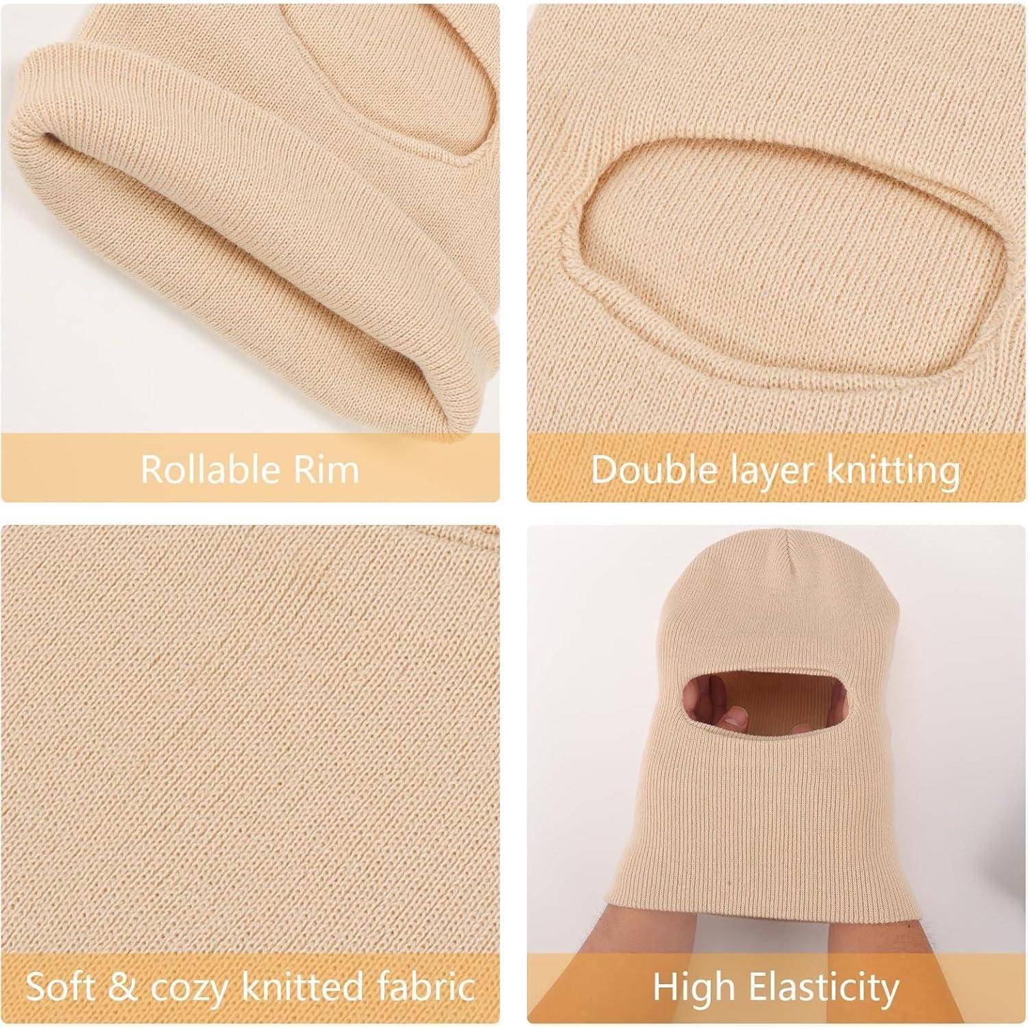Vierteili­ges Produktbild einer beigen Strickbalaklava mit umschlagbarem Saum, doppellagiger Strickweise, weichem Stoff und hoher Elastizität.