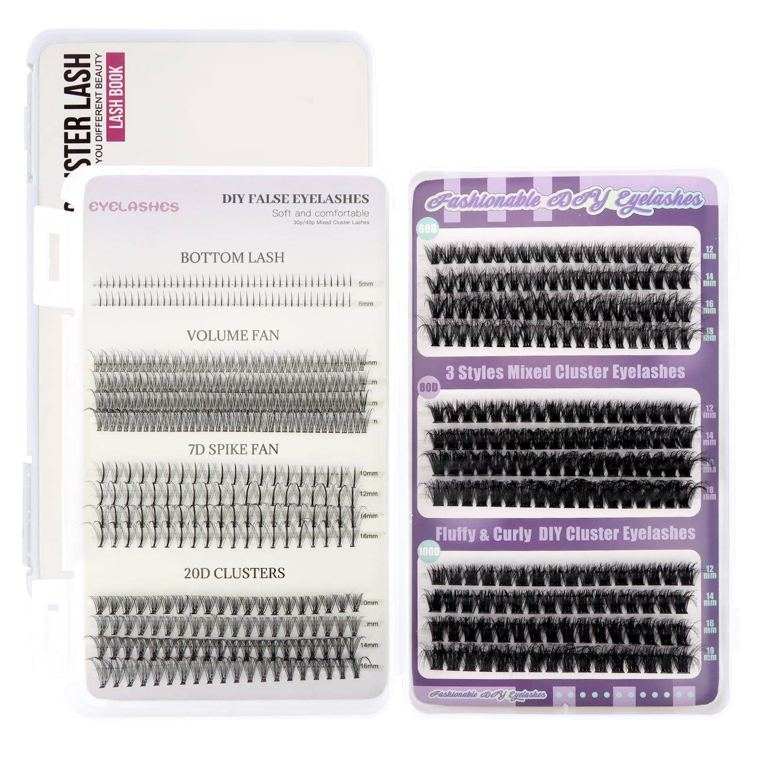 Zwei Packungen künstlicher Wimpern in Kunststoffbehältern, die verschiedene DIY-Wimpernstile und Cluster-Fächer zur Beauty-Anwendung zeigen.