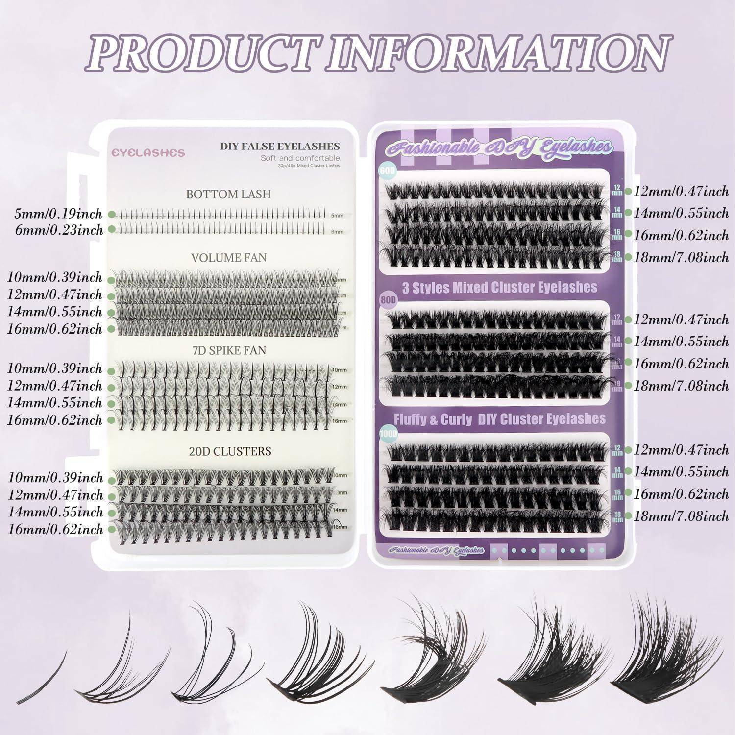 Produktinformationstabelle mit DIY-Kunstwimpern mit Wimpernstilen, Clustern und Längen in Millimetern und Zoll.