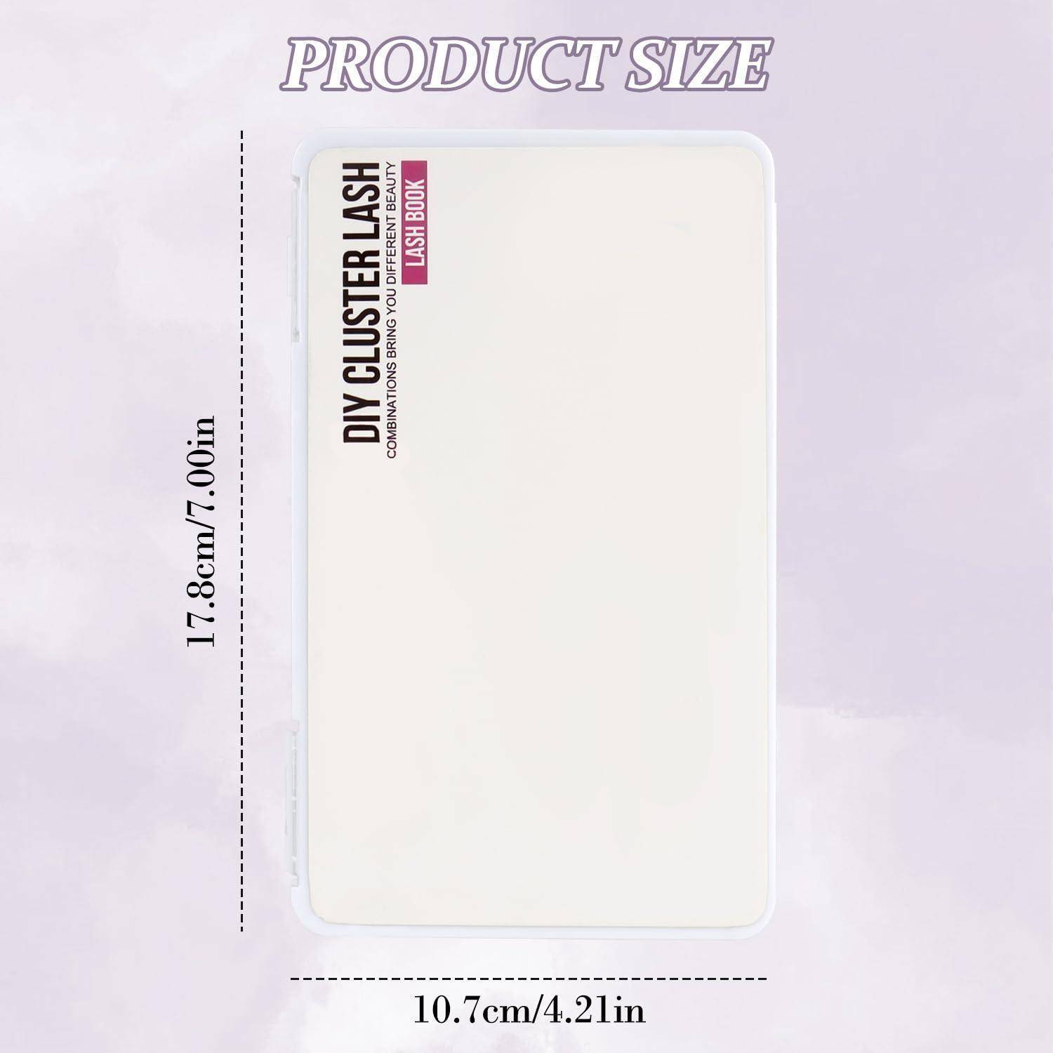 Größentabelle für Produkte mit einem weißen 'DIY Cluster Lash' Wimpernbuch-Etui mit den Maßen 17,8 cm x 10,7 cm.