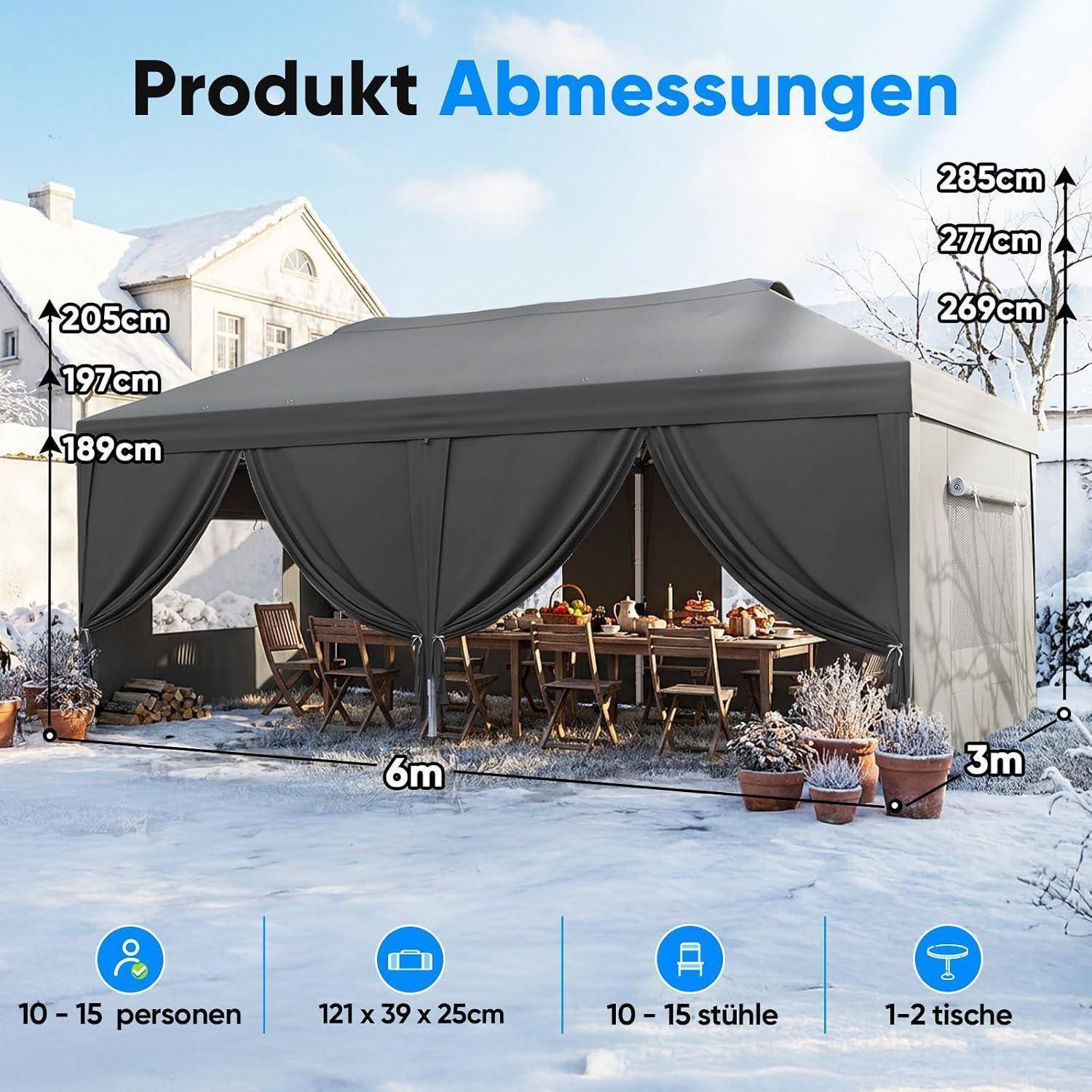 Produktabmessungstabelle zeigt ein graues 6m x 3m Pavillon-Zelt im Winter mit Höhen von 189cm, 197cm, 205cm und 269cm, 277cm, 285cm; fasst 10-15 Personen und 10-15 Stühle, 1-2 Tische.