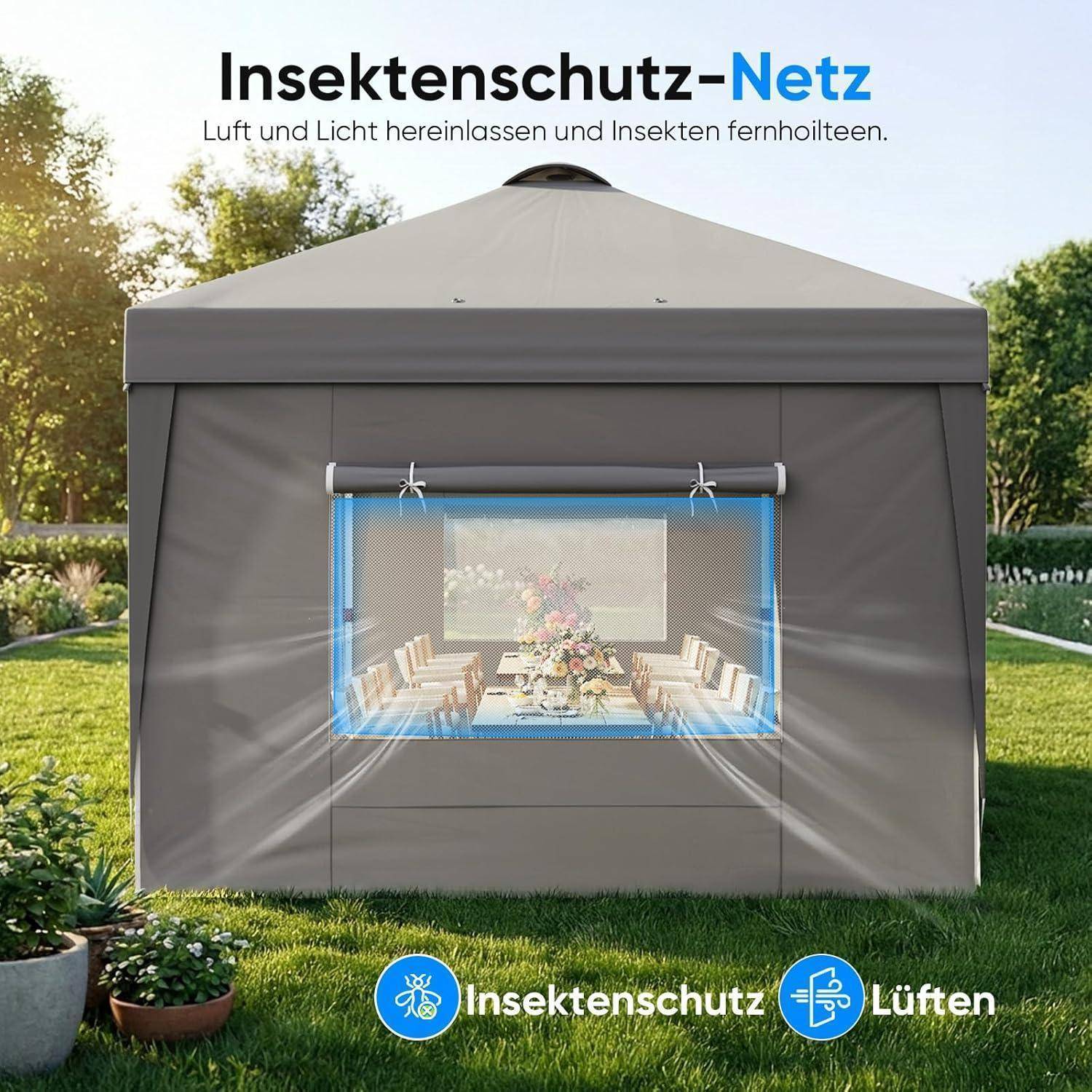 Outdoor-Pavillon mit Insektenschutz, gekennzeichnet mit „Insektenschutz-Netz", mit einem Meshfenster, das Luft und Licht hereinlässt und gleichzeitig Insekten abhält.