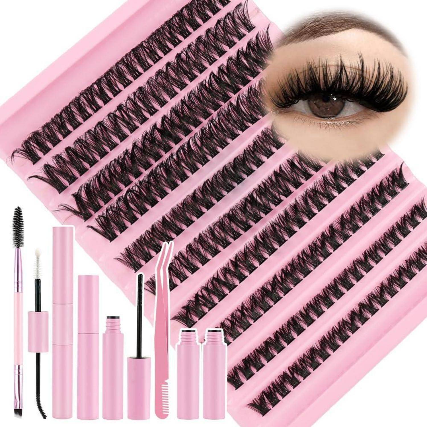 Rosa Wimpernset mit mehreren Wimpernstreifen, Applikator-Werkzeugen und Mascara-ähnlichen Tuben, gezeigt mit einer Nahaufnahme eines Auges, das dramatische Wimpern trägt.