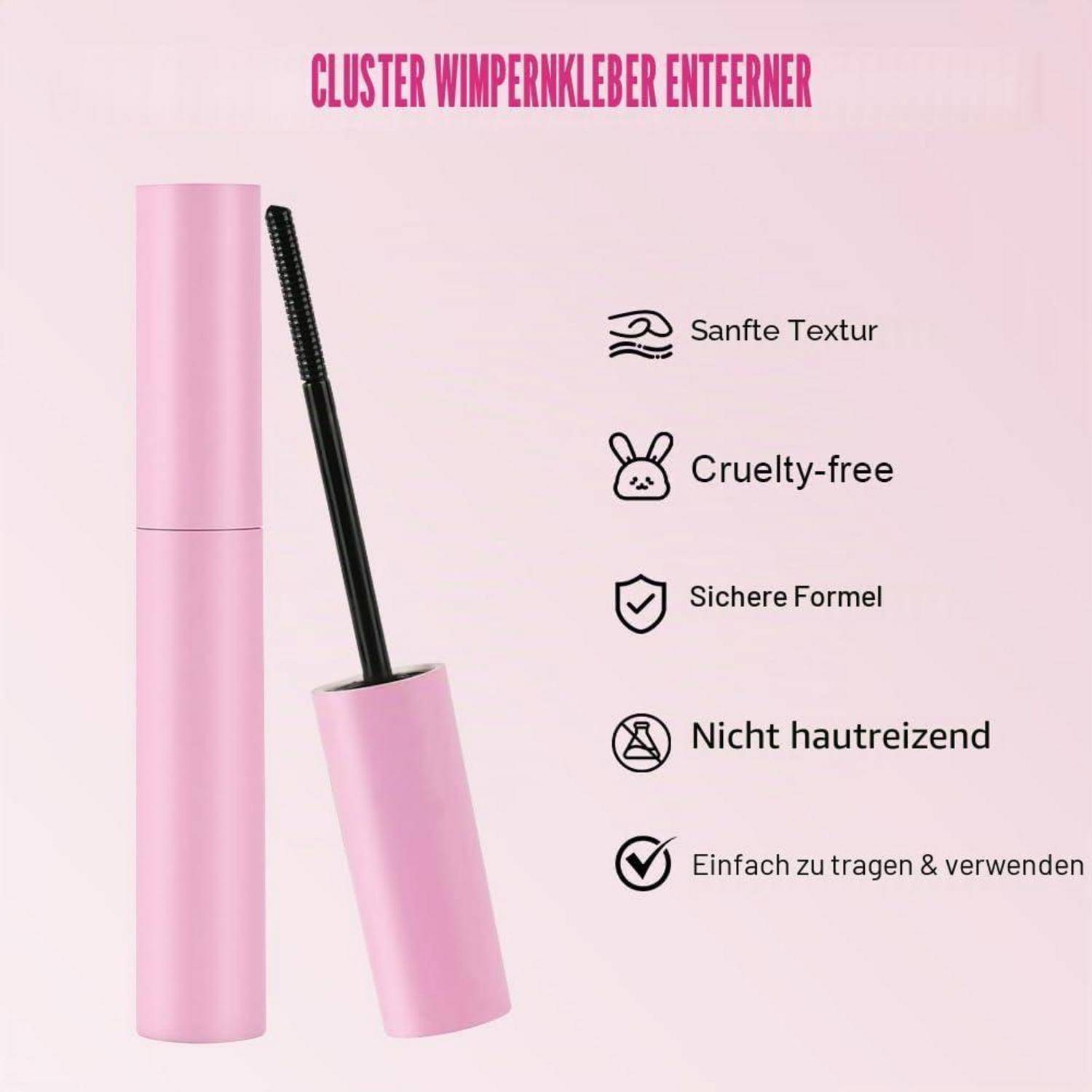 Rosa Mascara-Packung mit Bürste und deutscher Text: „Cluster Wimpernklebef Entferner